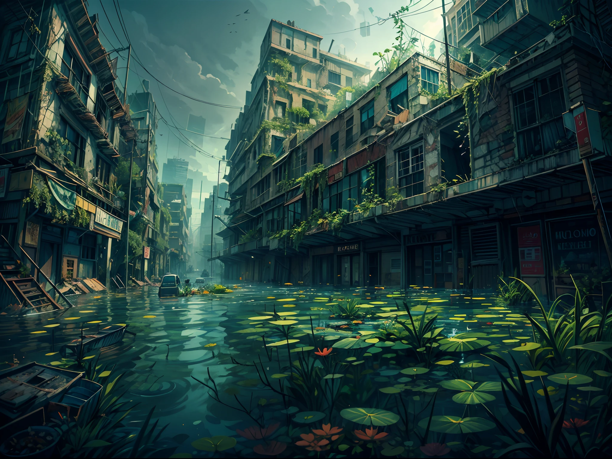 "An eerie, post-apocalyptic cityscape with dilapidated buildings, flooded streets, and nature reclaiming its territory. The city partially submerged, creating a surreal scene with underwater plant."