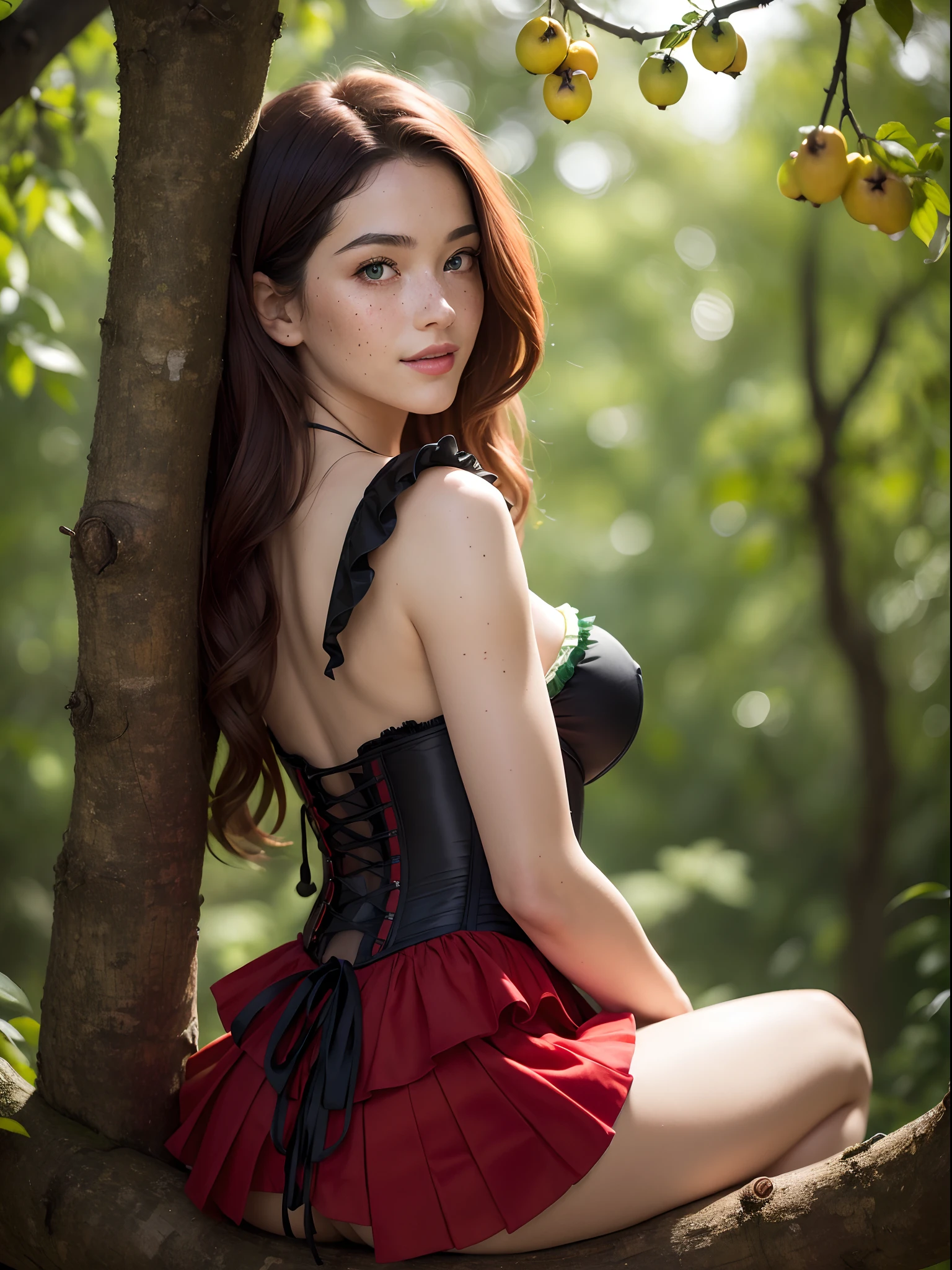 ((Masterpiece:1.4)), (high resolution:1.4), (sitting on a tree branch with fruits:1.5), (from behind:1.5), big beautifull smile , at the forest, RedHoodWaifu, red ridinghood, (emerald green eyes, light brown hair:1.2), (freckles:1.2) (red hood, drees, cape:1.2), (black corset:1.5), (red skirt:1.5), (fruit basket), beautifull smile, beautiful face, highly detailed skin, skin pores, (highly detailed face:1.1), (highly detailed eyes:1.1), realistic pupils, full face blush, full lips, (perfect anatomy:1.1), (perfect proportions:1.1), (photography:1.1), (photorealistic:1.1), volumetric lighting, dynamic lighting, real shadows, (highres:1.1), sharp focus, daylight, (realistic, hyperrealistic:1.4), intricate, high detail, dramatic, subsurface scattering, big depth of field, vivid, polished, sharpened, ((full Sharp)), (extremely absurdres),16k hdr,
