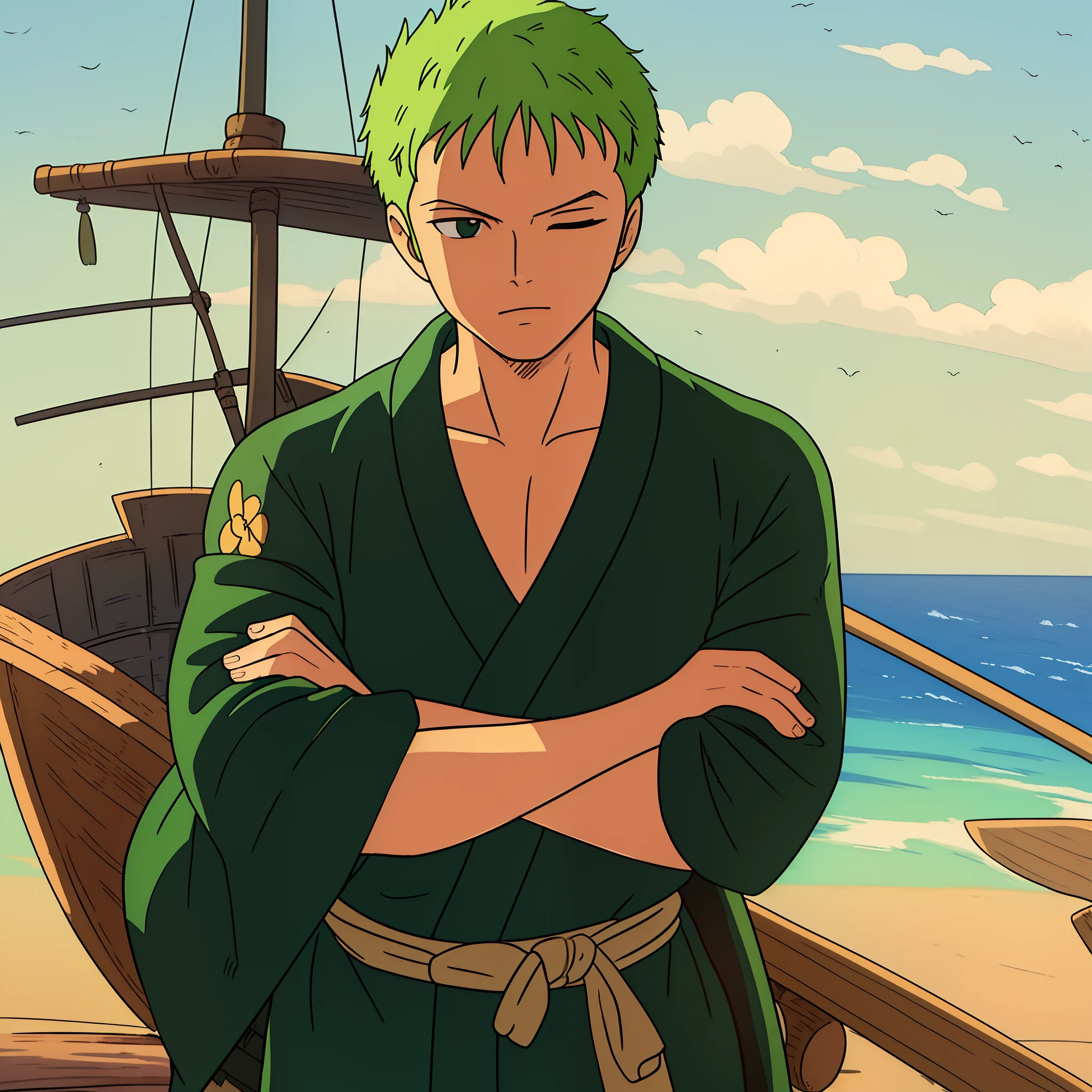 ((best quality)), ((masterpiece)), ((detailed background)), ((high quality illustration)), 1boy, wanostyle, roronoa zoro, one eye closed, scar across eye, crossed arms, japanese clothes, green kimono, solo, standing, looking around, upper body, close up, pirate ship, sea, miyazaki hayao