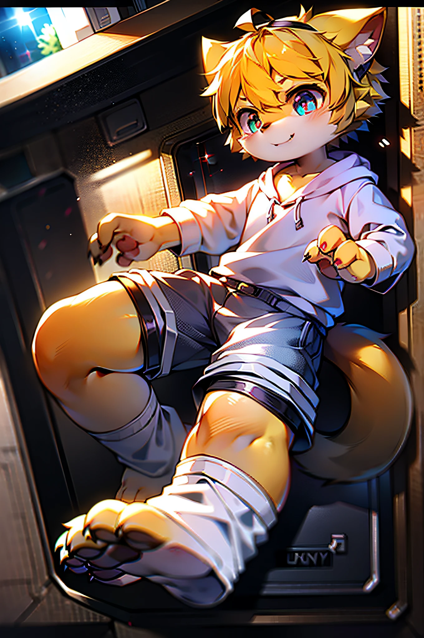 Shota, White clothes printed with black cat's paws, blonde hair, ahoge, short hair, big hair, expressive hair, shiny hair, animal hood, cat hair ornament, orange hairband, half-closed eyes, color contact lenses, cat ears, evil smile, shy, fang, fang out, anime, anime style, high detail, ray tracing, bloom, zoom layer, wide shot, lens flare, Ultra-Wide Angle, chiaroscuro, anaglyph, UHD, retina, masterpiece, ccurate, textured skin, super detail, high details, high quality, award winning, best quality, highres, 16k