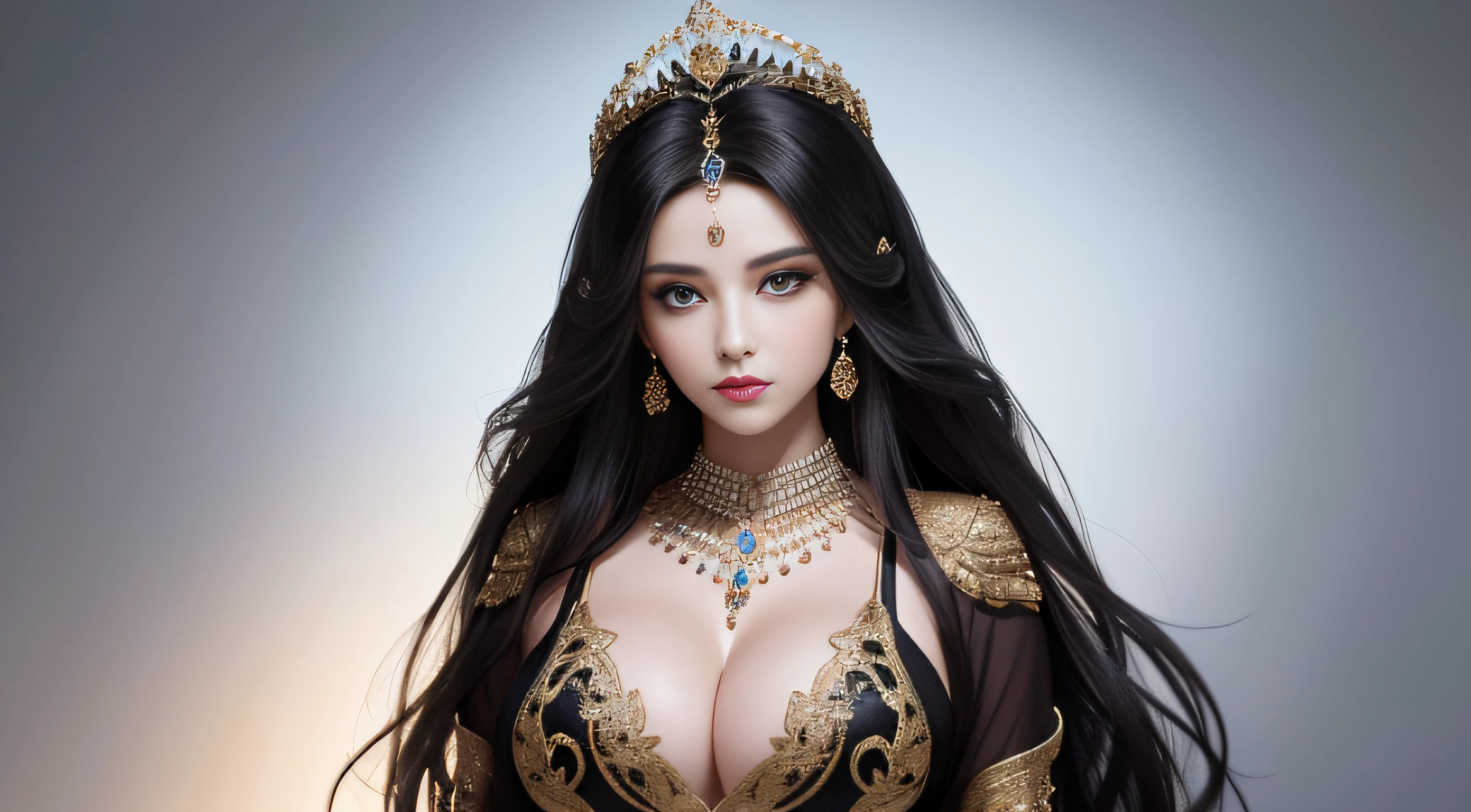 tmasterpiece,Highest image quality,Beautiful full-body portrait of the Royal Lady,gigantic cleavage breasts,Delicate black hairstyle,Amber eyes are clear,Embellished with a dazzling array of intricate jewelry,super detailing,upscaled。