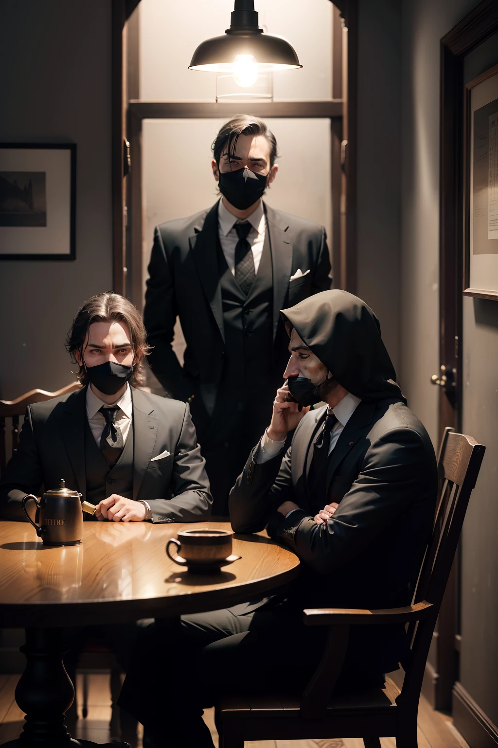 There were five people sitting at a table,Postures vary, Long shots, Wears a shabby black suit,Wear masks of different shapes,The old tungsten lamp flashed dimly,There is an old clock on the wall