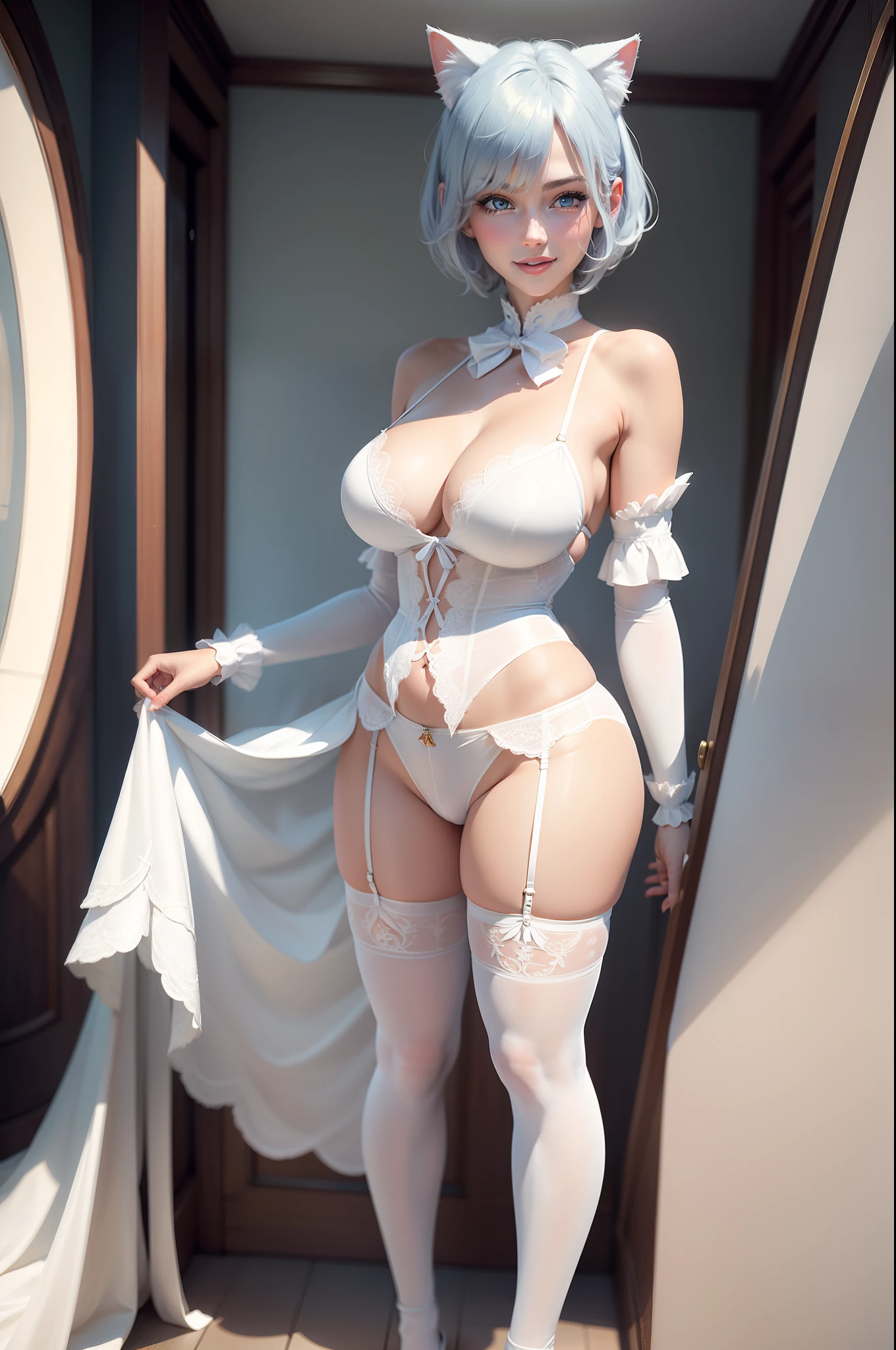 A realistic girl,with short golden hair,blue color eyes,Cat ears,Mature woman,180cm tall,Bust D cups,Full body photo of blushing with a smile in white sexy lingerie and white stockings。