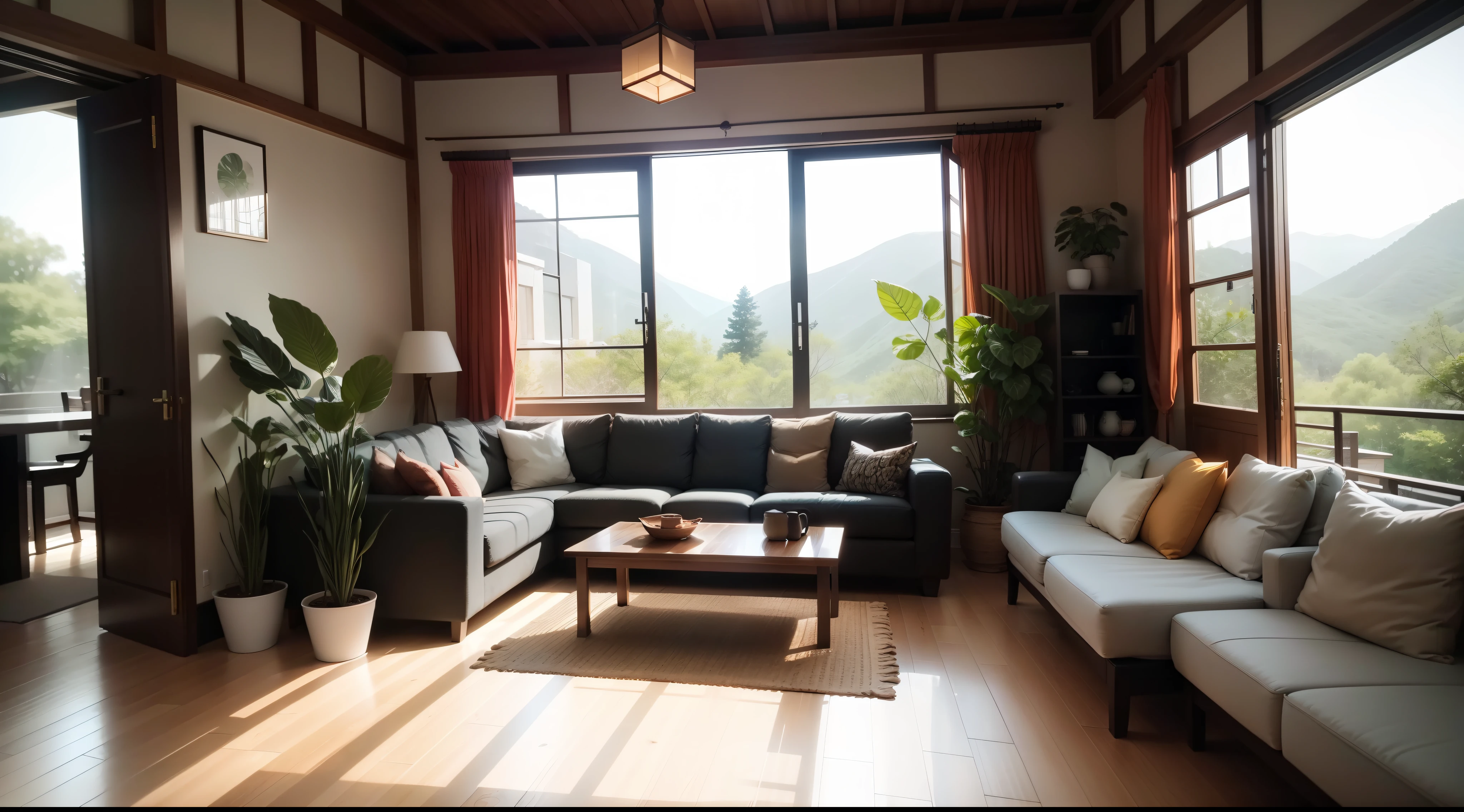 interior design、Insanely detailed wide-angle architectural photo、Cozy contemporary living room、(Bright and warm sunlight 1:0.1)、Award-winning contemporary interior design、landscapes、The table、a chair、in a house、Wooden flooring、window、resturant、east asian east asian architecture、sliding paper doors、abajour、architectural、the woods、naturey、cups、a plant、interior design、Insert lighting and shadows、depth of fields、low illuminance