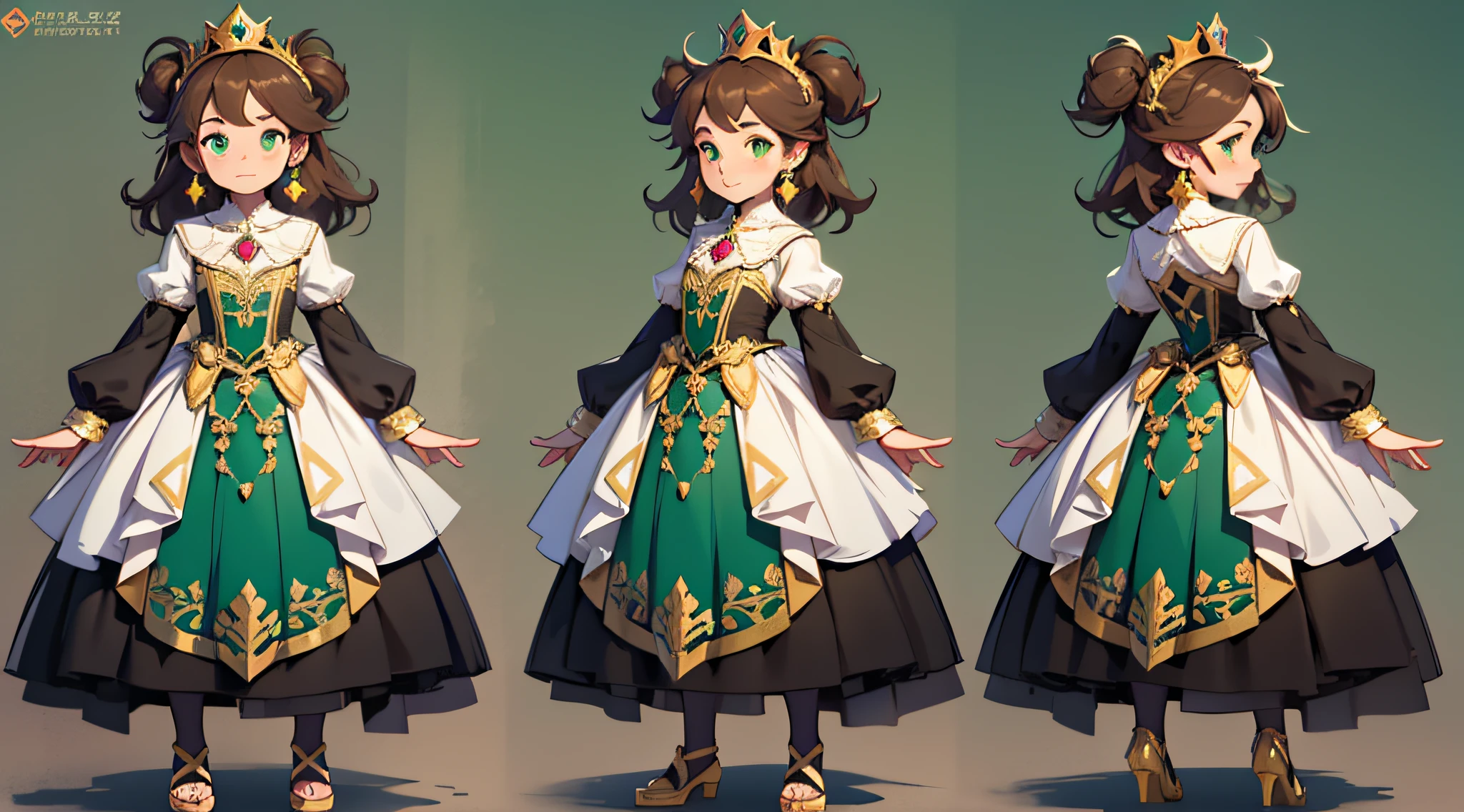 girl 6 years old, detailed skin, delicate face, eye detail, realistic, long brown hair, green eyes, wearing a dress, princess dress, princess crown on head, full body, multiple characters, reference sheet, multiple poses and expression, character sheet, full body reference sheet