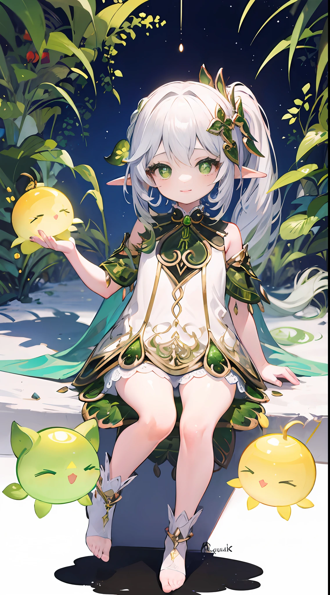 1girll，the original god，Nasida，ssmile，Be red in the face，White tights，expose feet，Gray hair single ponytail，ears of elf，Green eyes，Green dress，loli，chiquita