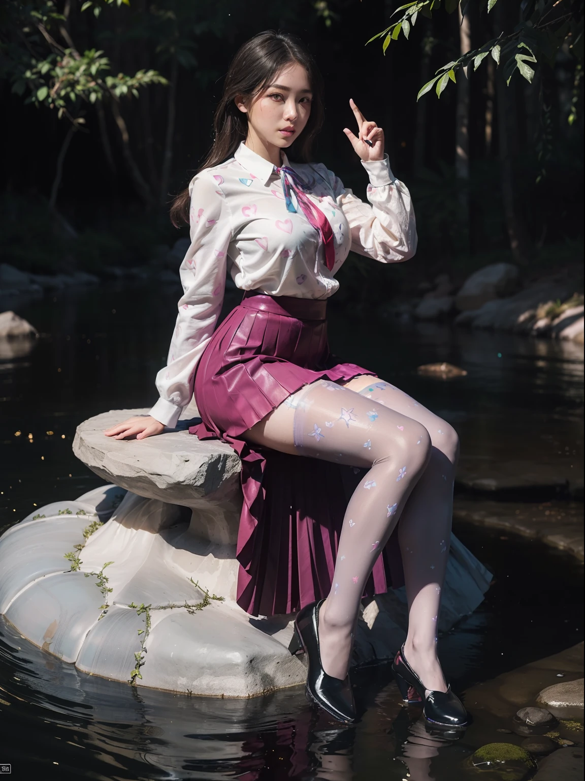 (full body:2),(1girl:1.3),(view the viewer:1.4),(anatomy correct:1.45),(Sitting by the creek, Make a heart to heart gesture with both hands:1.35),(Extremely thick Silk stockings full wrap tight fitting clothes:1.41),(Extremely thick printed pantyhose:1.4),(A mature and sensual woman Wear printed fantasy colorful JK student uniform pleated skirt and JK uniform leather shoes :1.35),(A woman with large buttocks, breasts, and a slender waist:1.4), (Light particle effect:1.3),(In pink | amarelo | blue colors| green color |red color | white colors| black in color| purplish color| greys| Beige| Flesh color 1.4),(Glowing eyes:1.3),(Large amplitude action: 1.3),(Accurate and perfect face:1.4),hyper HD, Ray traching, reflective light,structurally correct, Award-Awarded, high detail, lighten shade contrast, Face lighting,cinmatic lighting, tmasterpiece, super detailing, high quality, high detail, best quality, 16k,High contrast,
