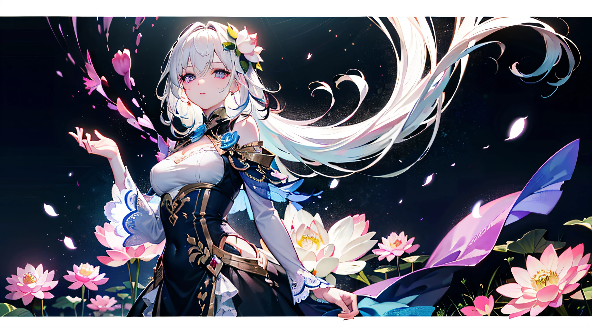 Masterpiece, Best quality, (Highly detailed CG Unity 8k wallpaper),
 (Best quality), (Best illustration), (Best shadow) 
Nature, blue one piece dress fluttering in the wind, 
hands up, revealing dress,
laugh smile, she is silver hair, 
with vibrant meticulously detailed intricate long straight hair and flowing hair,
flower with delicate leaf petals dancing, 
ultra realistic and detailed,