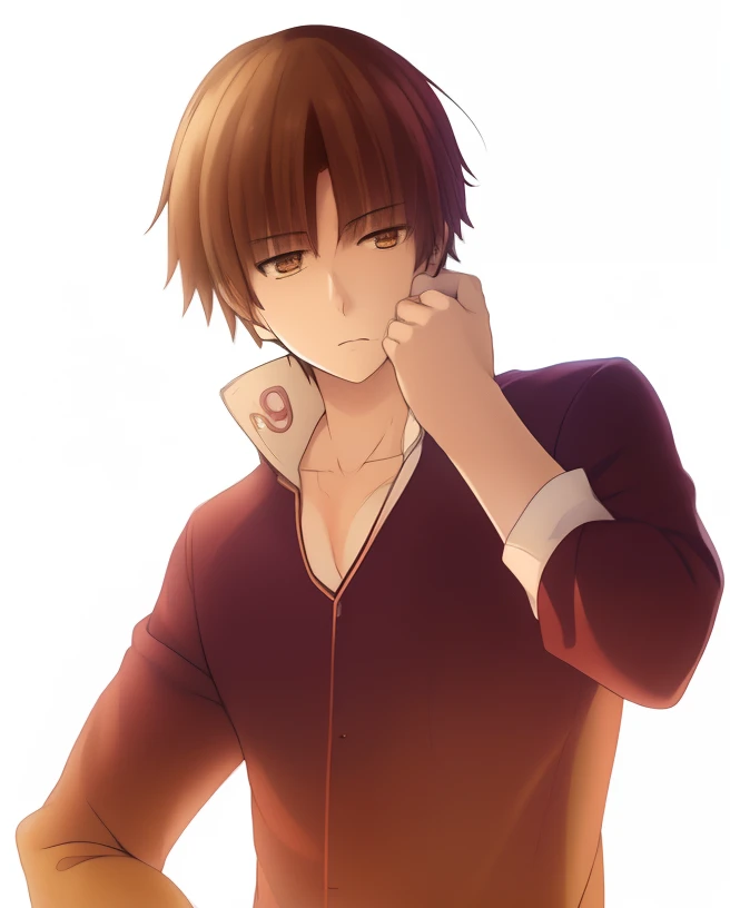 um homem de cabelos ruivos e camisa castanha, homem bonito anime, Kazuma Kaneko, Ikuto Yamashita, pose de anime bonito, Yukito Kishiro, personagem de anime masculino, inspirado em Hisui Sugiura, Sougo Okita, Shikanosuke Yagaki, Yuyushiki, Okita Sougo