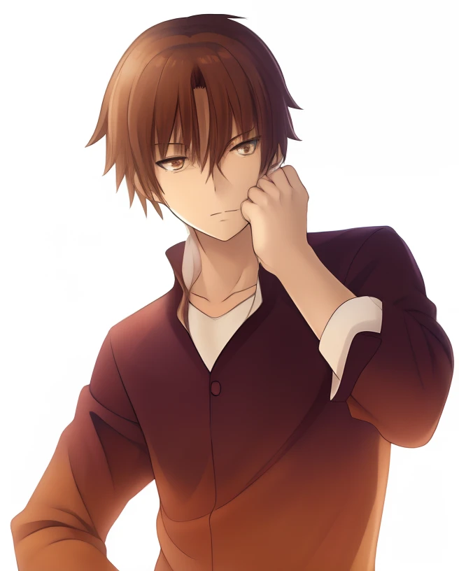 um homem de cabelos ruivos e camisa castanha, homem bonito anime, Kazuma Kaneko, Ikuto Yamashita, pose de anime bonito, Yukito Kishiro, personagem de anime masculino, inspirado em Hisui Sugiura, Sougo Okita, Shikanosuke Yagaki, Yuyushiki, Okita Sougo