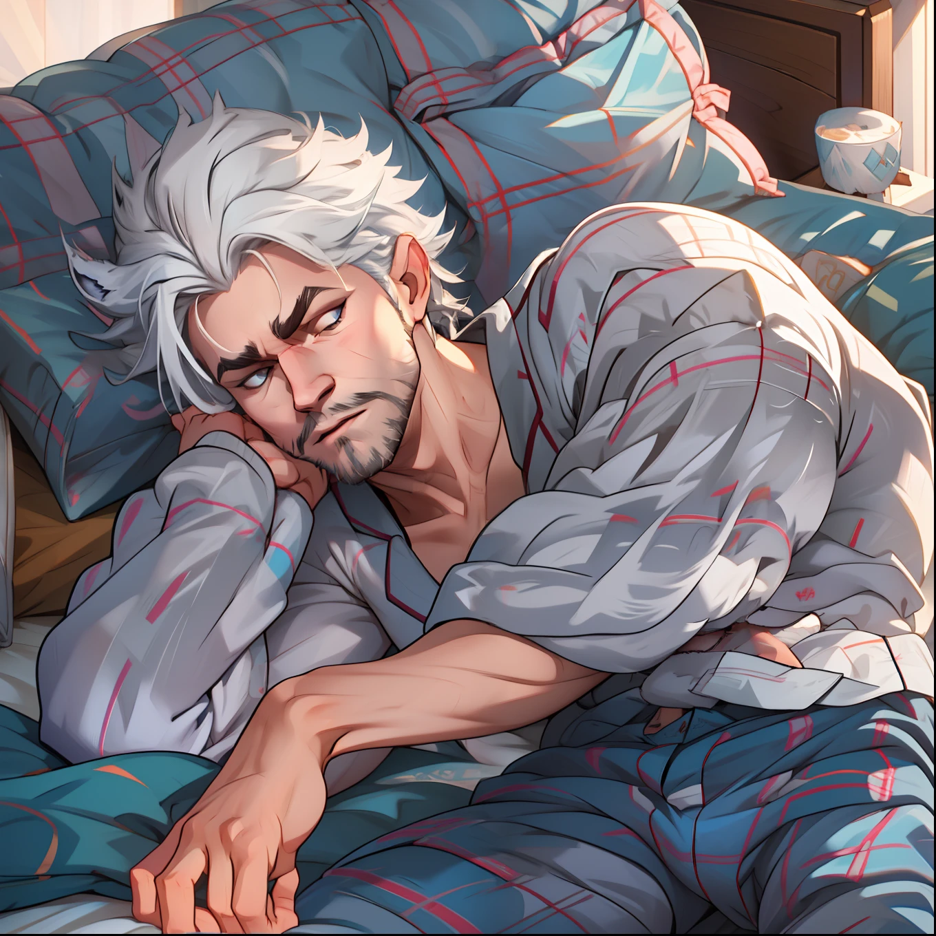 athletic young adult Male with light beard, has flowing white hair, has wolf ears, has wolf tail, shirtless, playful, solo, alone, has goofy look on his face, has bright blue eyes, wearingg plaid pajama pants, relaxing on a bed, sleepy