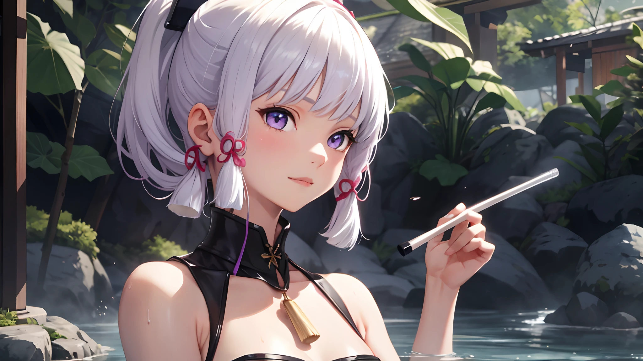 1girl, white hair, purple eyes, portrait, realistic, towel, (onsen), sidelighting, wallpaper, nsfw,Black clothes