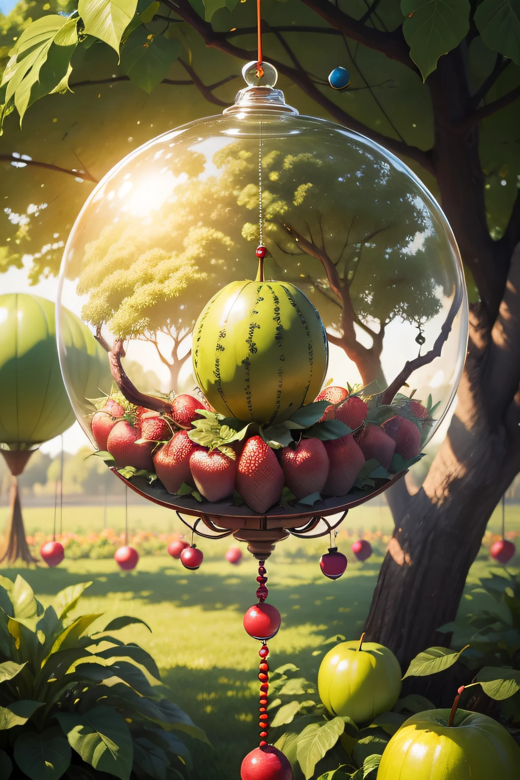 There are many fruits hanging from the trees in the yard, levitating agricultural sphere, garden with fruits on trees, contest winning masterpiece, professional fruit photography, Masterpiece works of art, author:Jan Rustham, an alien fruit, look from down, very very surreal, fruits world, fairy fruit.