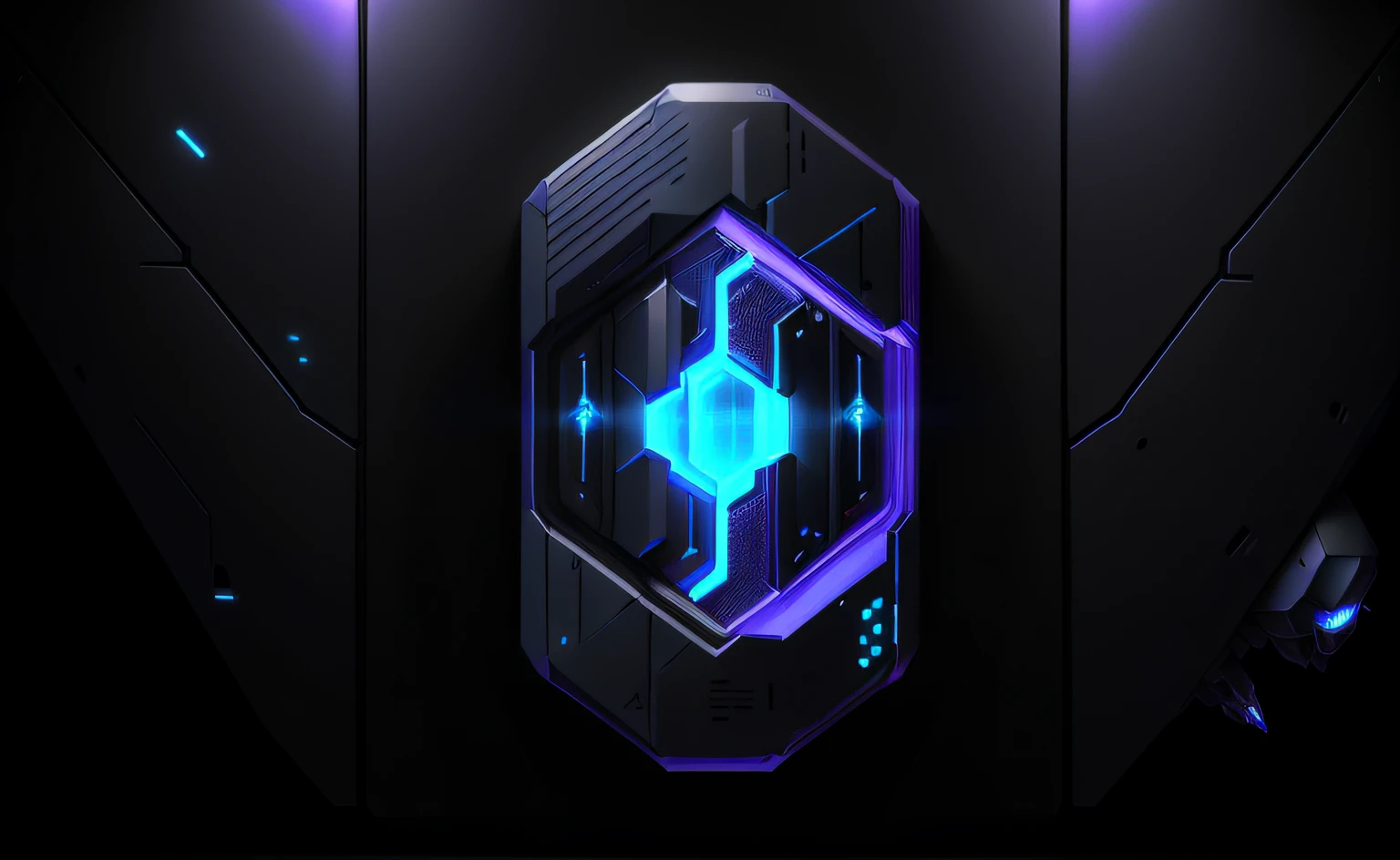 Close-up of black and blue devices on black background, nano hex armor hull, eva unit-00 in the back, va-11 hall-a, Space Hive, containment pod, shield design, concept-art | dyson, the tesseract, Dark ( Spaceship ), purple glowing core in armor, hextech, hard edges concept art