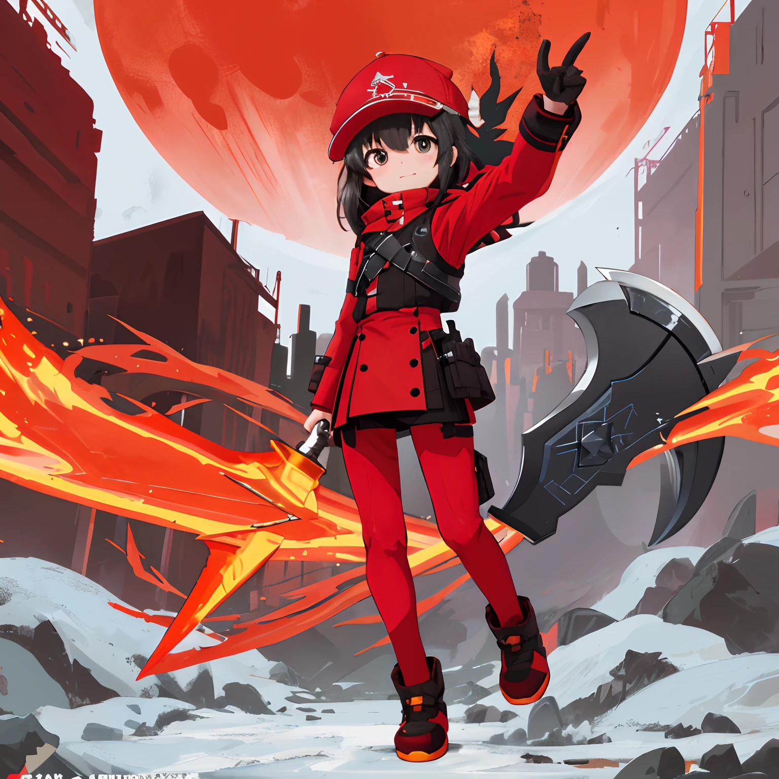 Ark of tomorrow style，Loli body type，Height 1.2m，flatchest，More accessories，Energetic，fire axe，Red livery body armor，solo person，Cover half of the head of the fire cap，