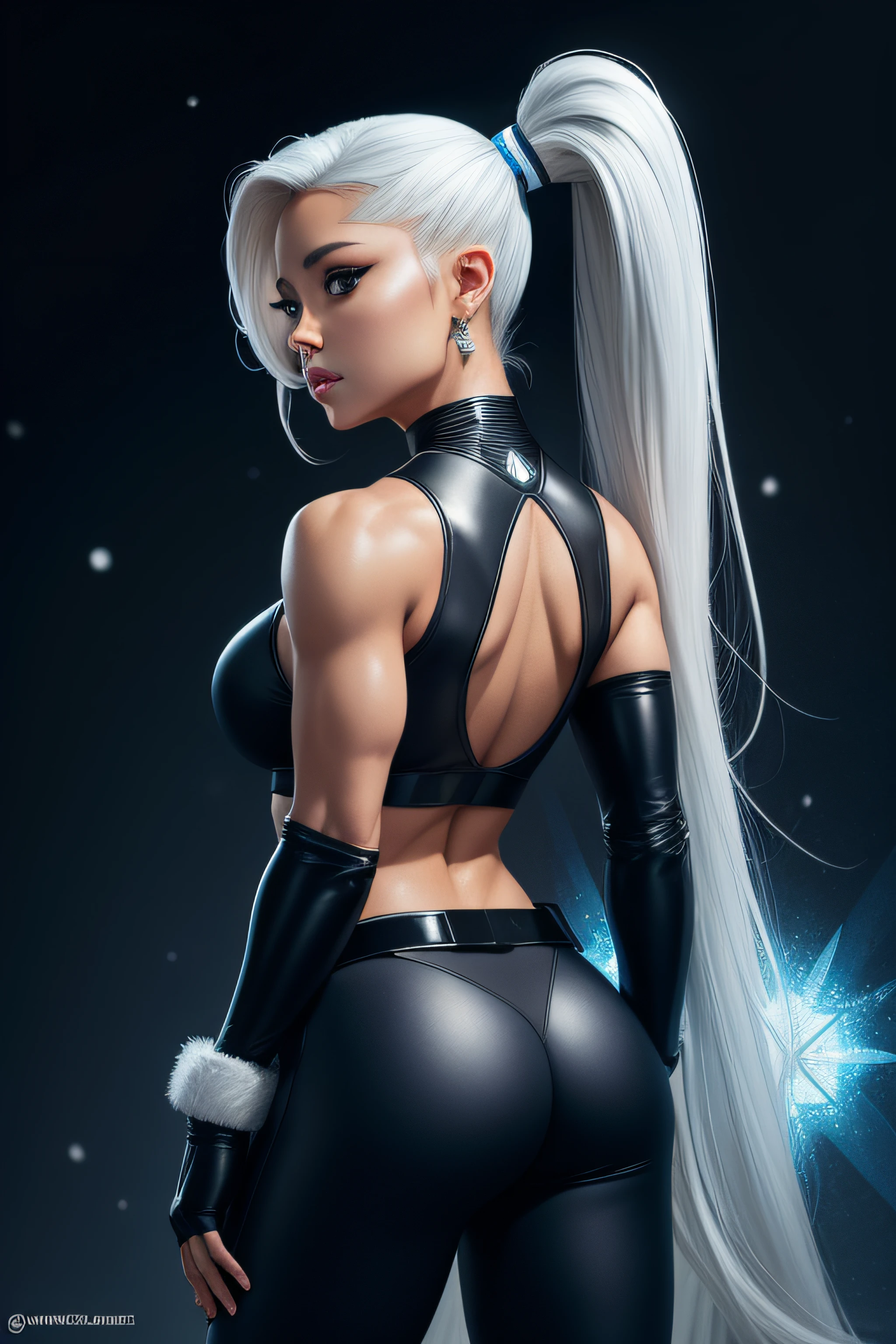 ariana grande as a superheroine, has ice powers, white hair ponytail, back midriff with blue outlines and a snowflake symbol on her right, has black gloves with fur on her the wrist part, wears black tight pants, with a blue belt, blue lines on the knee portrait photography by artgerm, in the style of realism, glistening skin, cartooncore, mangacore, natural lighting, Defined full lips. Muscular fitness feminine body