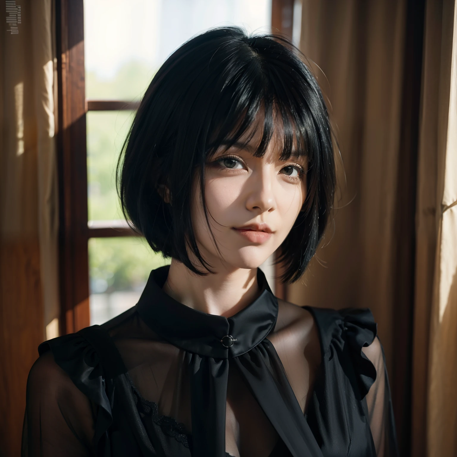 (masterpiece), 1woman, gotic, goth, black hair, Curtain Bangs and Haircut, smirk face, crazy, realistic
