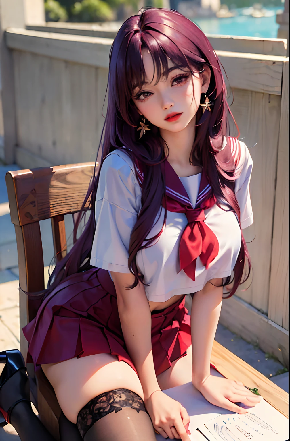 Colorful hair(Purple and orange gradient)、short twintails、beautfull woman、Eyes that seem to be sucked in、Official art、masterpiece、Extremely delicate modeling、beste-Qualit、Hphotorealistic、8k picture、hiquality、large full breasts、Princess、mgs、uniformss、Gingham check miniskirt、Infant face、