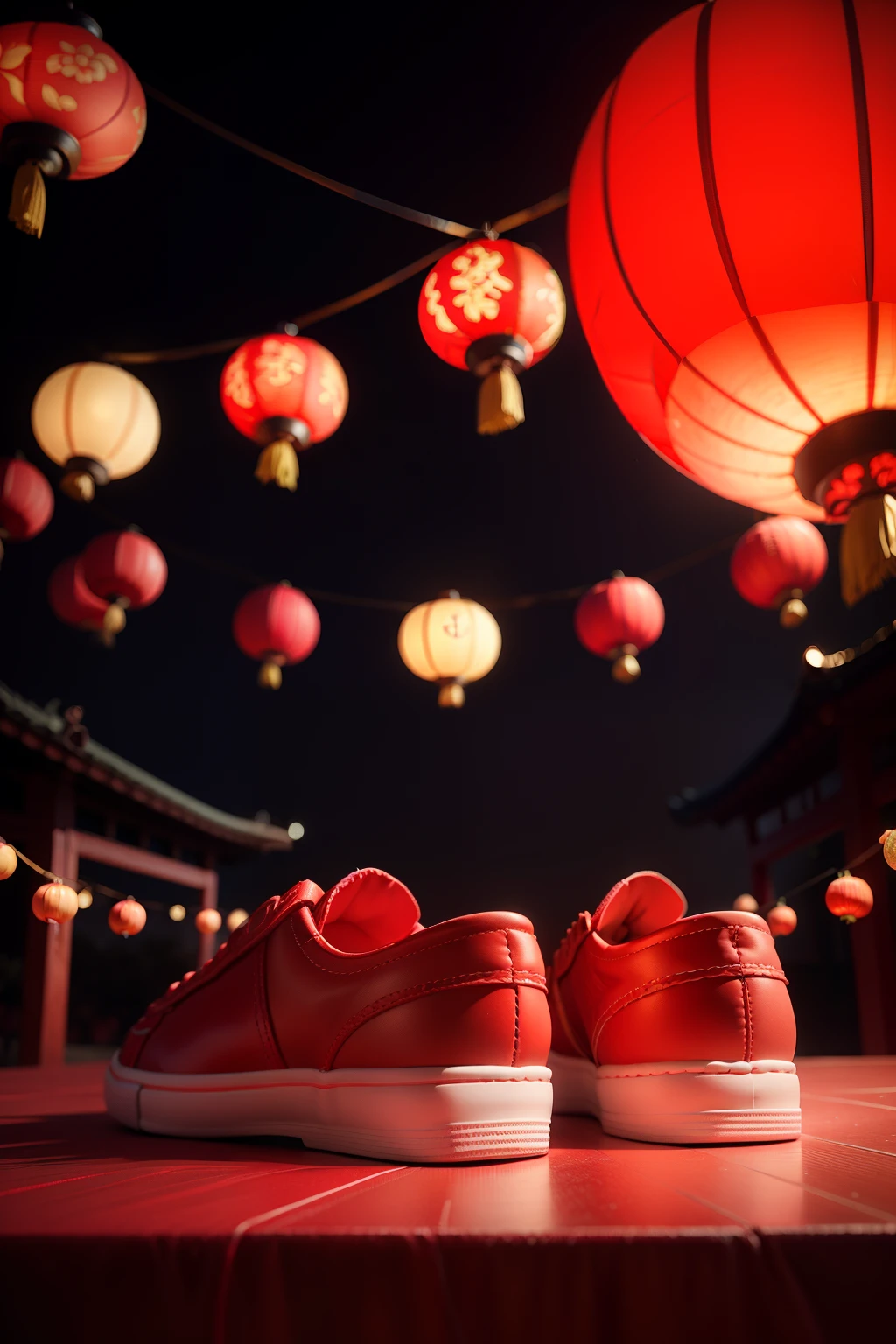 Red Chinese ethnic style children's shoes are placed on the red cloth of the table,Traditional Chinese red lantern background,There are fireworks in the sky,There are a few candies next to the shoes,Neatly folded red clothes,Close-up shot,Festive atmosphere