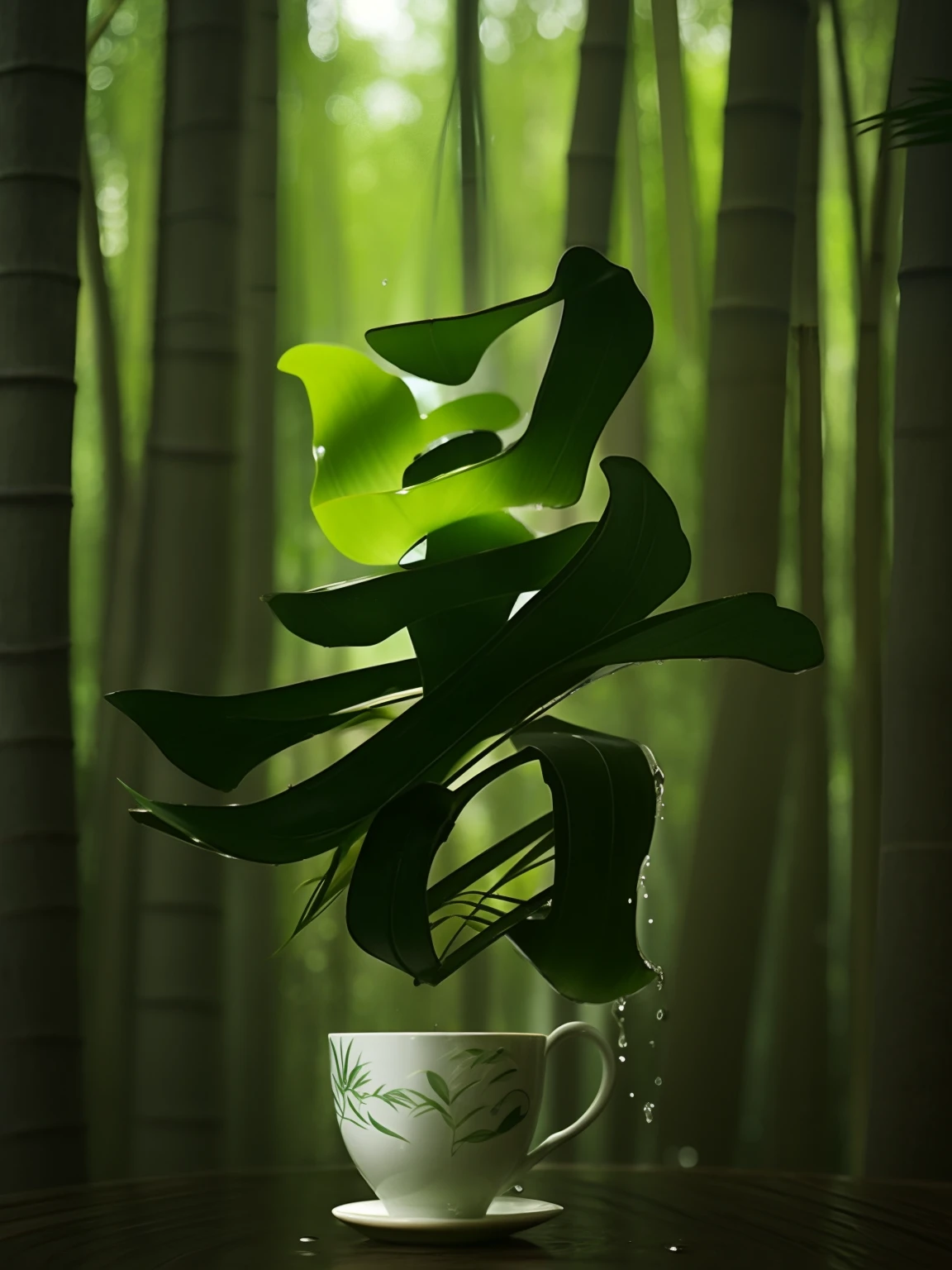 bamboos，Bamboo leaves，rivulets，teacup，chess，steins，water，drippy，the detail，Abundance