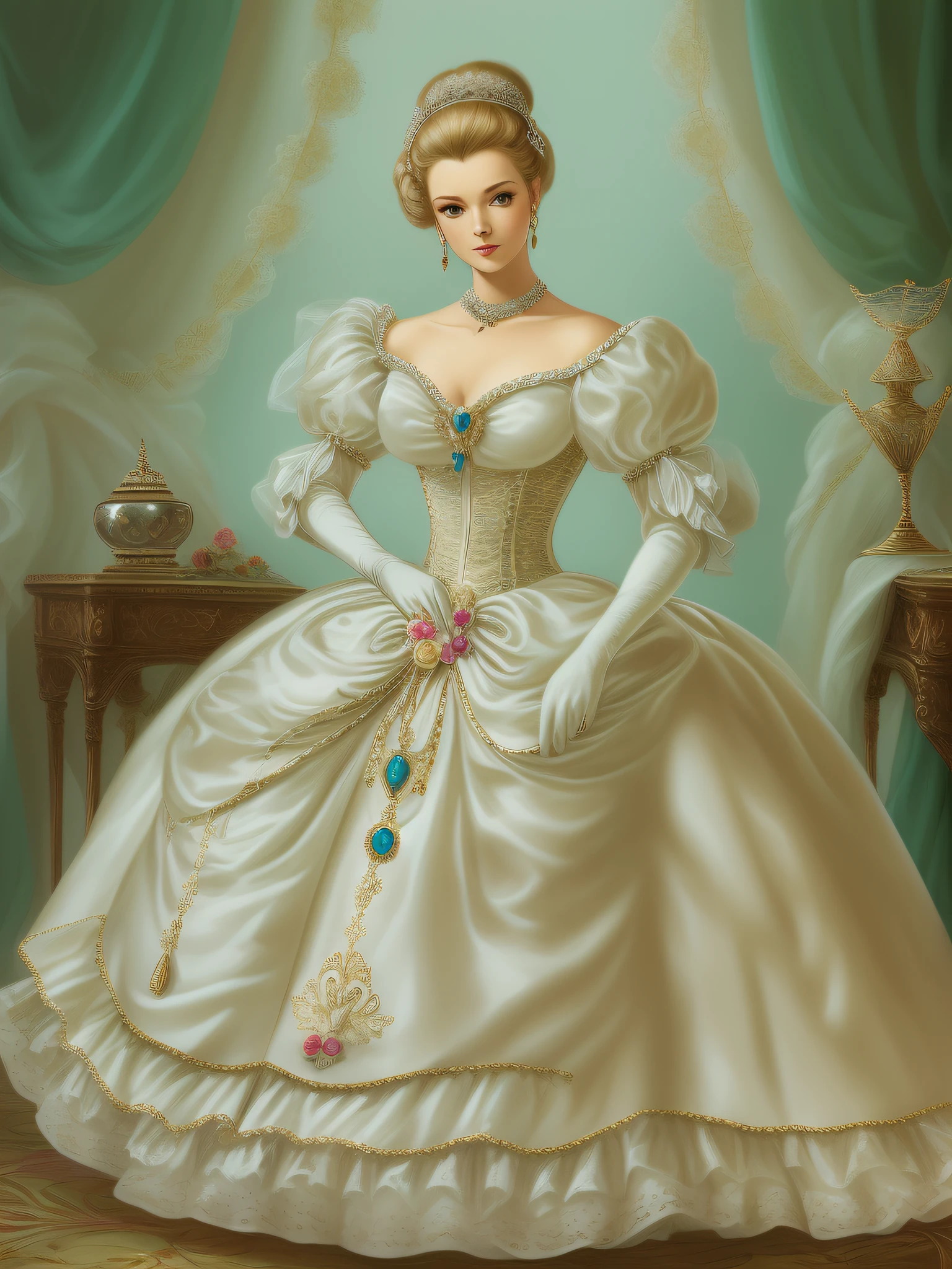 John Tenniel art, serious Greer Grammer wearing a stately and elaborate Cinderella ballgown of white satin and tulle adorned with large satin poufs, (((huge ribbon bows))), roses, lace, frills, flounces, embroidery and jewels, with (((enormous puffed sleeves))), an hourglass waist, and a (((voluminous crinoline hoopskirt))), (((bustle))), long white gloves, pearl and diamond necklace and earrings, elaborately curled and styled hair