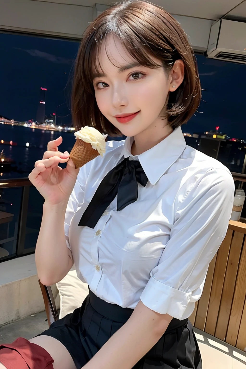 (8k, RAW photo, best quality, masterpiece: 1.2), (realistic, photo-realistic: 1.37), ultra-detailed, 1 girl, beautiful, solo, beautiful detailed sky, detailed coffee, night, sitting, (flushed nose), (smile: 1.1), medium breasts, beautiful detailed eyes, long brown hair, (collared shirt: 1.1), bow tie, pleated skirt, (short hair: 1.2), long hair, eating big ice cream,