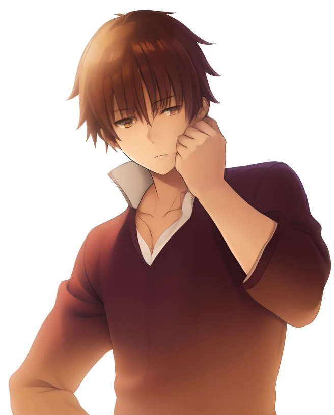 um homem de cabelos ruivos e camisa castanha, homem bonito anime, Kazuma Kaneko, Ikuto Yamashita, pose de anime bonito, Yukito Kishiro, personagem de anime masculino, inspirado em Hisui Sugiura, Sougo Okita, Shikanosuke Yagaki, Yuyushiki, Okita Sougo