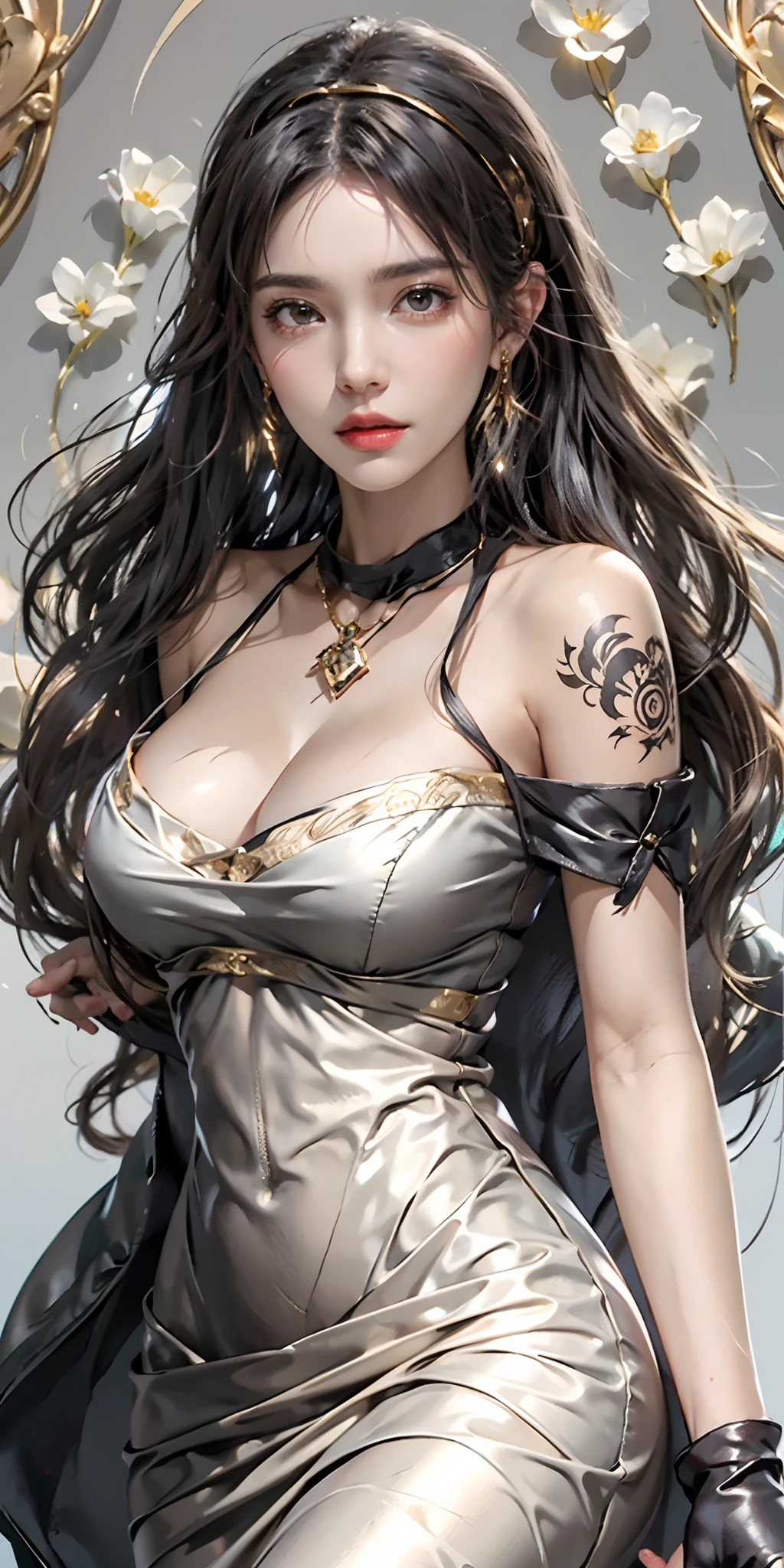 photorealistic, high resolution, soft light,1women, solo, hips up, (detailed face),tattoo, jewelry,  bare shoulders, black background, black dress, black gloves, black hair, breasts, closed mouth, cowboy shot, dress, earrings, expressionless, fingerless gloves, floating hair, gloves, gold earrings, gold hairband, hair flower, hair ornament, hairband, jewelry, large breasts, light particles, long hair, looking at viewer, off-shoulder dress, off shoulder, petals, red eyes, short hair with long locks, sidelocks, solo, spikes, thighs, two-sided dress, two-sided fabric