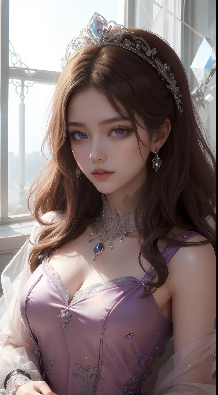 tmasterpiece,Highest image quality,Beautiful bust of a royal lady,Delicate chestnut hairstyle,The black-purple eyes are crystal clear,Embellished with a dazzling array of intricate jewelry flowers,super detailing,upscaled。