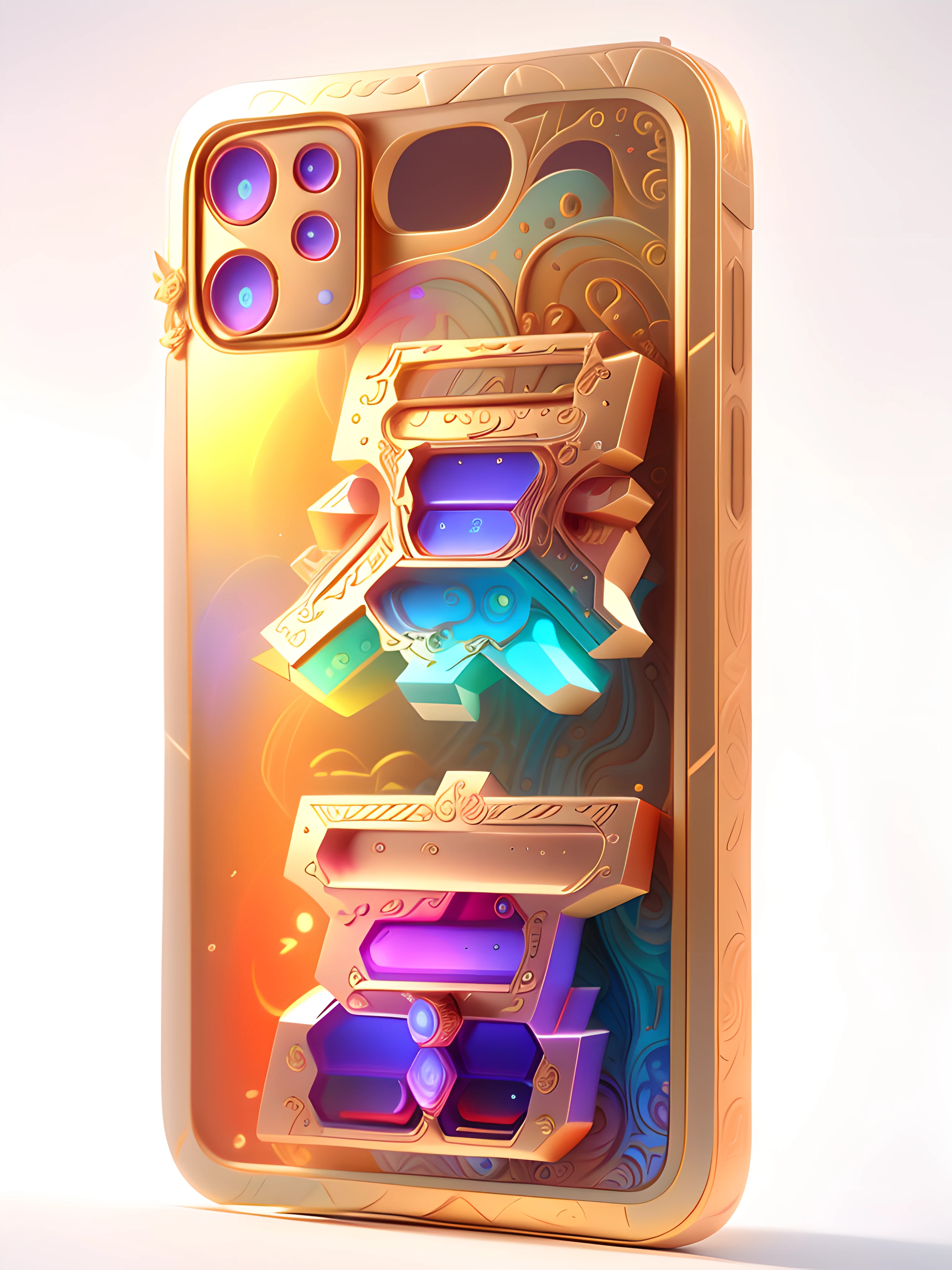 Front view of the iPhone 14:Made in a 5-bismuth box,adorned with [unicorn]::3 Filigree relief, rim lights,Psychedelic reflexes, Realistic