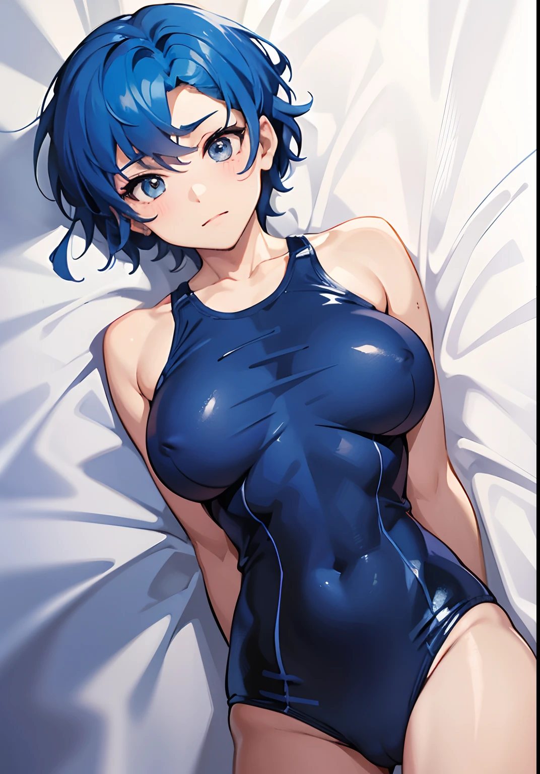 Cartoon photo of a man in a blue swimsuit, swim wears, Man with short blue hair, wearing a swimming wear, garments:High-cut swimwear, Rogue Anime Boy, Boy with short hair, Swimsuit, Cute boy in tank suit,