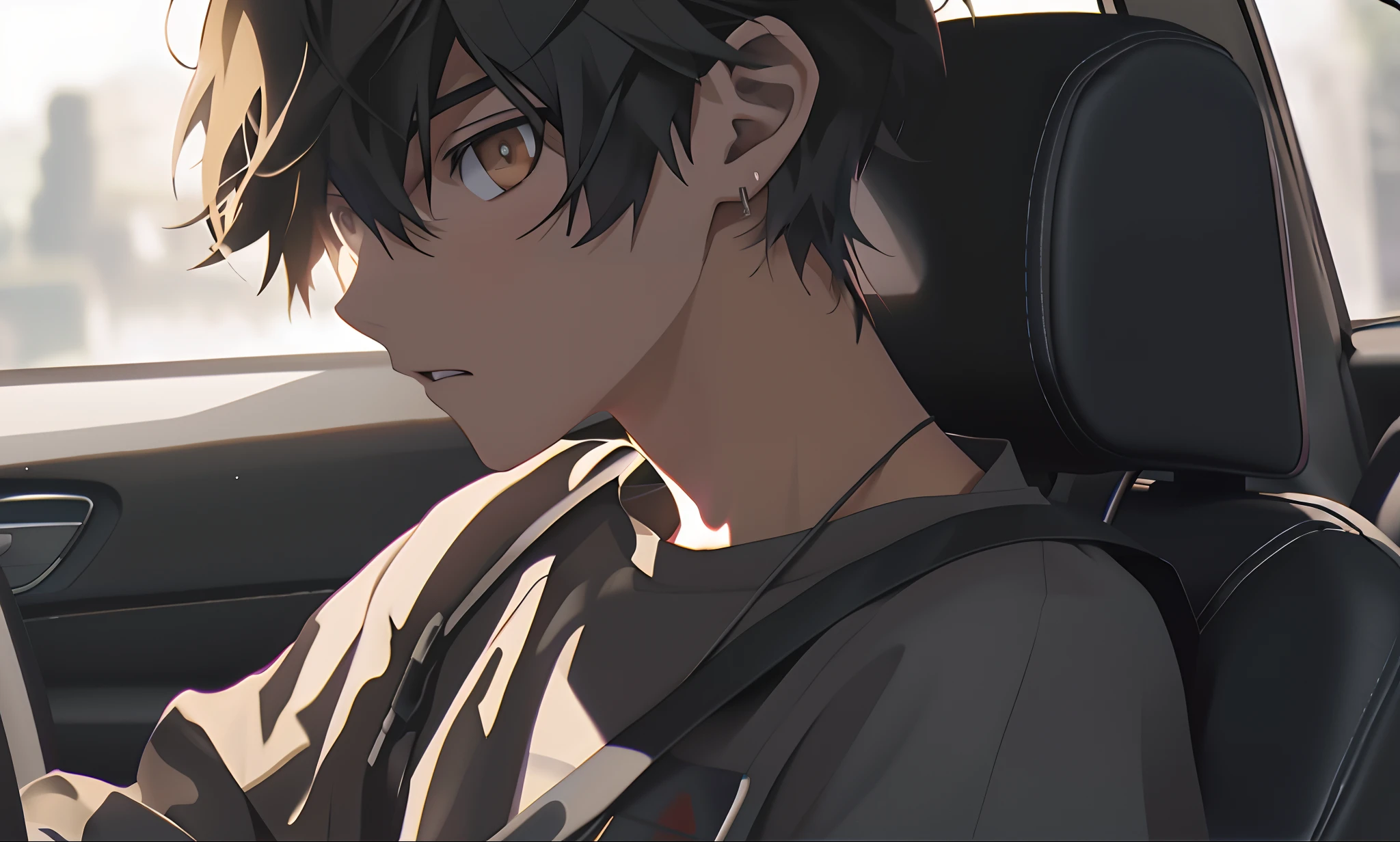 Anime boy looking at his phone while driving in the car, Guviz, Guviz-style artwork, young anime man, Smooth anime CG art, Anime boy, Today's featured anime stills, Detailed digital anime art, Anime style. 8K, style of anime4 K, animated still, epic 8 k hd anime shot, screenshot from the anime film