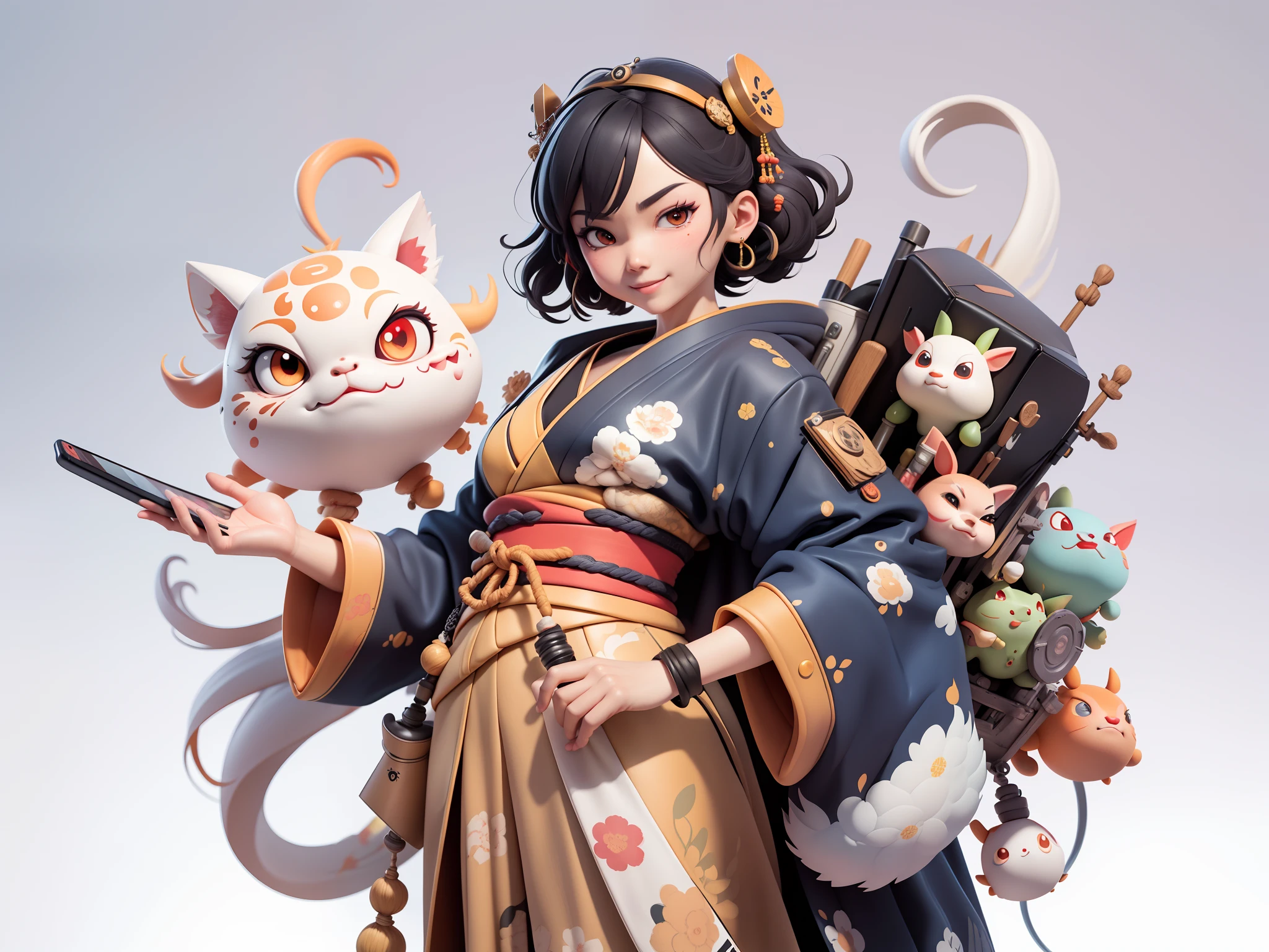 (Daisaku),(Need),(Super meticulous),(full bodyesbian:1.2),Japanese ukiyo-e girl,japanese geisha,Beautiful,Oriental dragon,Aeolian Thor,Raised sexy,爆乳,Oriental face,TV Anchor,Bust portrait illustration,Alone,In black suit,a blue tie,The face is slightly chubby,The face was clean,without a beard,Black super short hair,Black eyes,Smile confidently,3C computer sub-products,iPad, iphone,Digital painting,3D character design by Mark Clairen and Pixar and Hayao Miyazaki and Akira Toriyama,The illustration is a high-definition illustration in 4K resolution,With very detailed facial features and cartoon-style visuals。