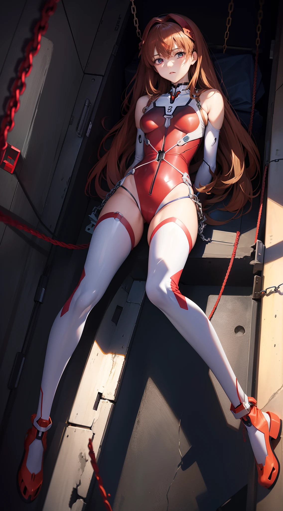 Evangelion Asuka wears a beautiful mecha combat suit，Tightly bound，The chain is wrapped around the body，The rope is wrapped around the body，Shackled，The arm is not visible，Behind the arm，Imprisoned in a dungeon。