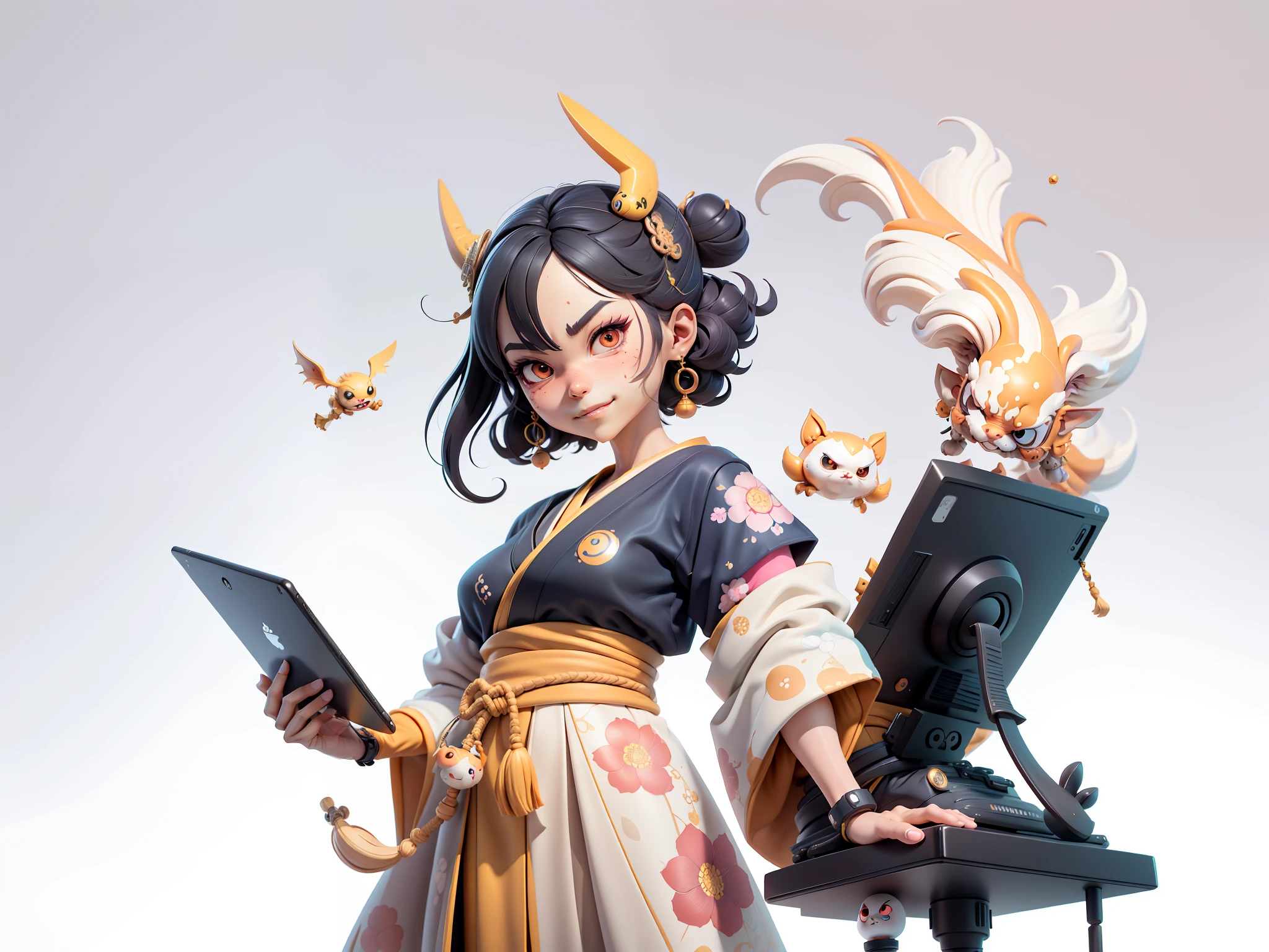 (Daisaku),(Need),(Super meticulous),(full bodyesbian:1.2),Japanese ukiyo-e girl,japanese geisha,Beautiful,Oriental dragon,Aeolian Thor,Raised sexy,爆乳,Oriental face,TV Anchor,Bust portrait illustration,Alone,In black suit,a blue tie,The face is slightly chubby,The face was clean,without a beard,Black super short hair,Black eyes,Smile confidently,3C computer sub-products,iPad, iphone,Digital painting,3D character design by Mark Clairen and Pixar and Hayao Miyazaki and Akira Toriyama,The illustration is a high-definition illustration in 4K resolution,With very detailed facial features and cartoon-style visuals。