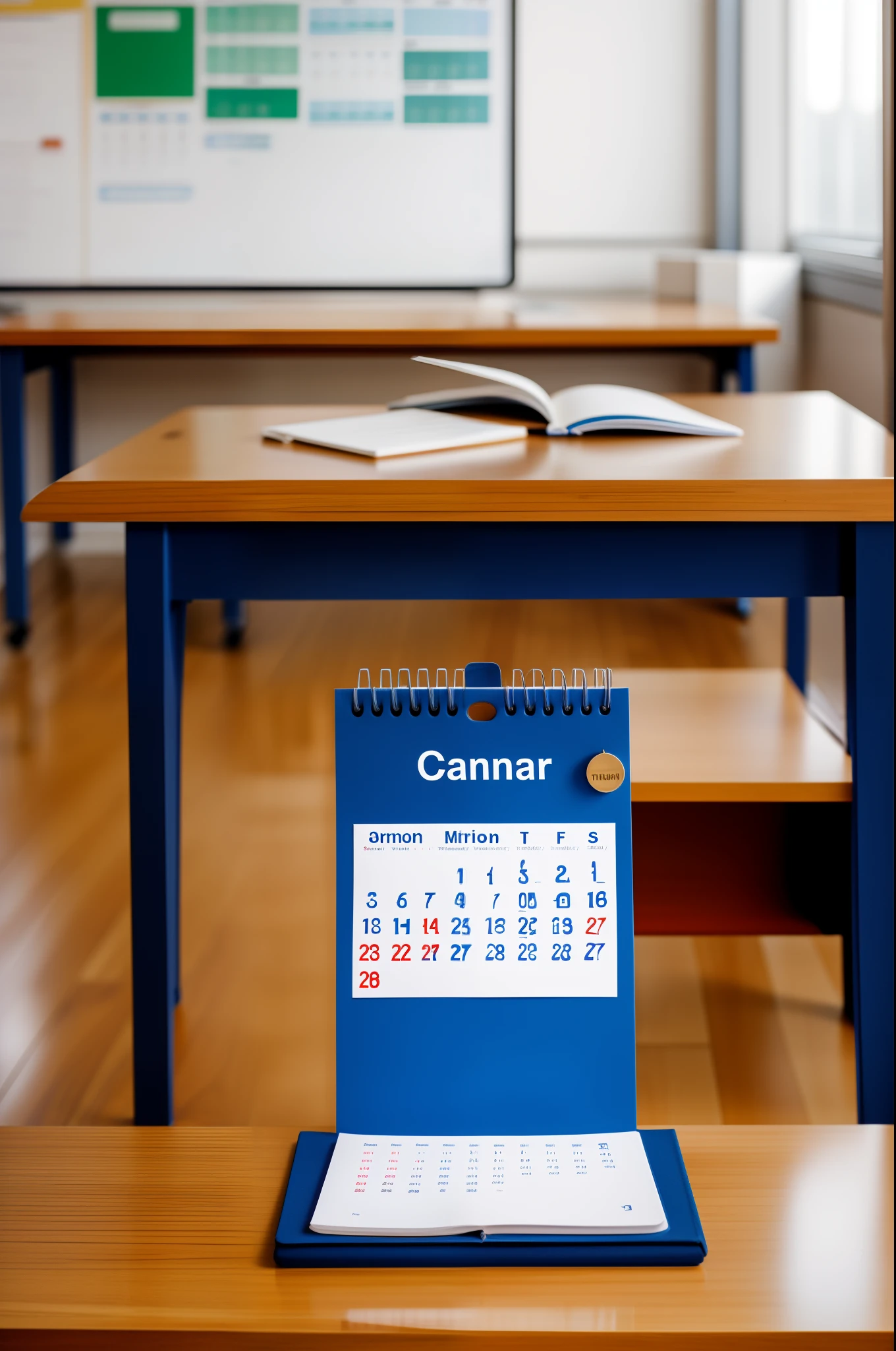 Desk calendar as the main object centered on a blurred school background