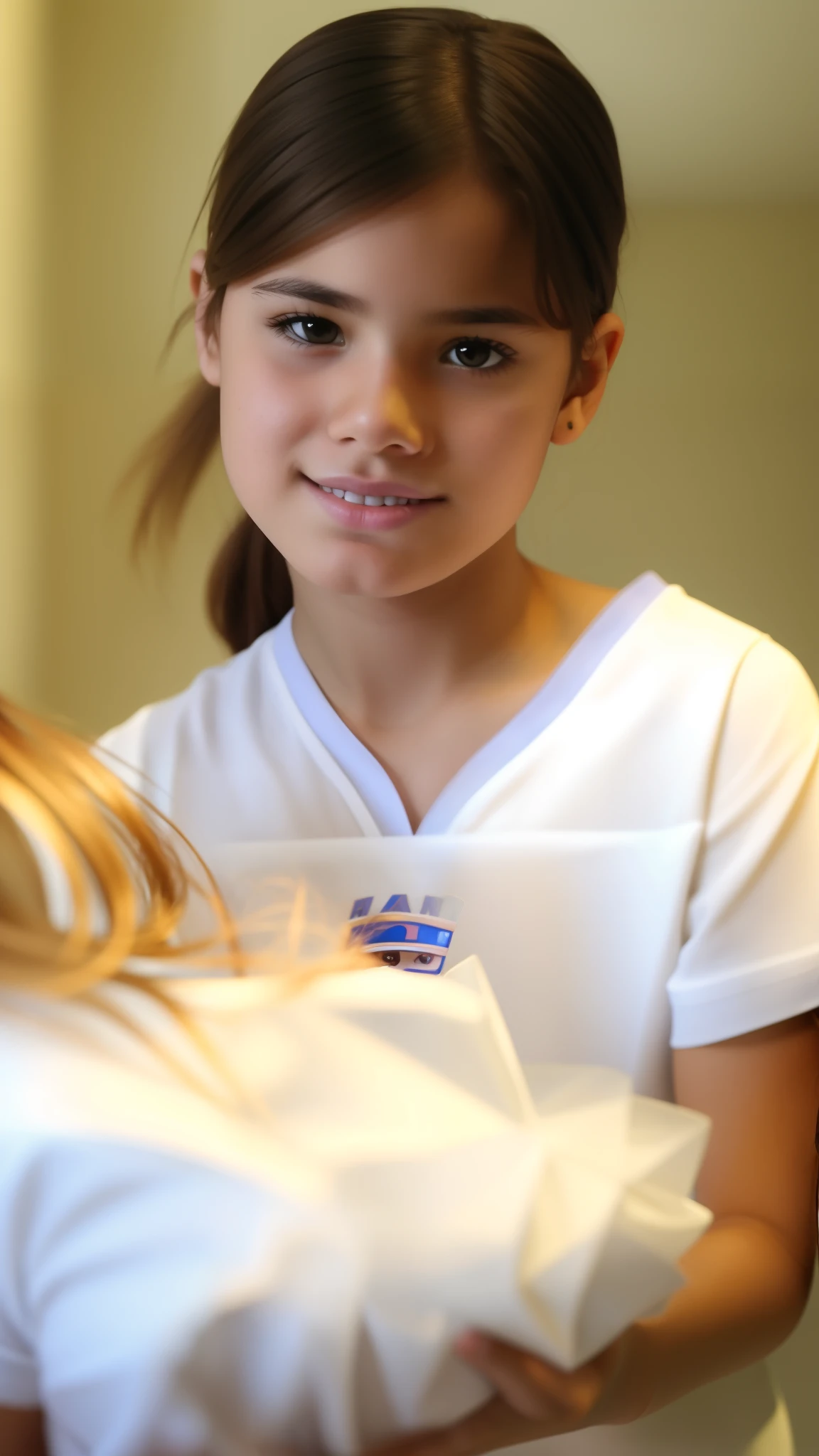 a girl chestnut hair with brown eyes with serious face, facing and looking at the camera, with nothing in her hands. and a black background