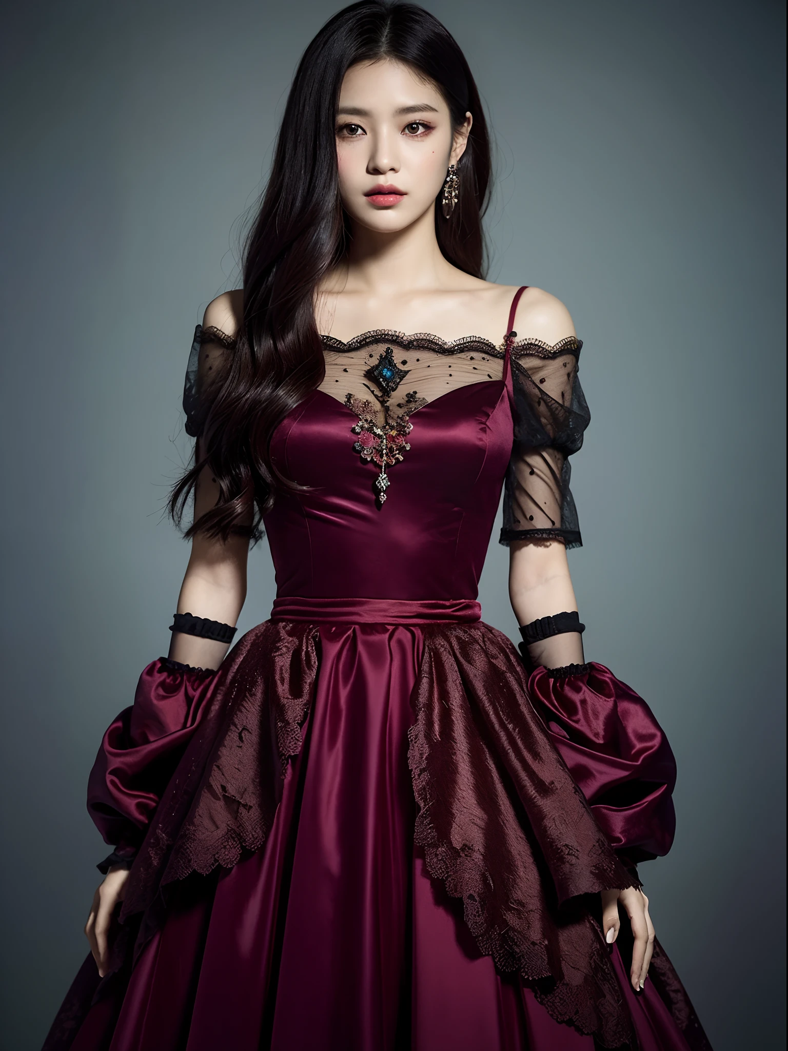 (top-quality、hight resolution、masterpiece:1.3)、Creating women's works that combine a dark and crazy world centered on maroon colors with intense fantasy elements in high quality。She wears a dress decorated with luxurious lace and decorations by Maroon(huge tit), a blond, It has a creepy and attractive appearance,Her overarching fashion style is、Emphasize her personality。The background is the silhouette of Castlevania, Fantastic fantasy world, Her figure is mysterious, Dark atmosphere and fantasy essence blend perfectly。 Light and shadow effects are skillfully expressed、Maroon's costume details and faces and expressions are depicted in detail.。The fantasy element is even more powerful、A magical light envelops her。The overall atmosphere is mysterious and enchanting, yet、Gives a unique artistic touch。This work is、It stands out for its dark tones, Evokes visual stimuli and aesthetic sensations、Gives the viewer interest and mysterious charm。 Create high-quality pieces that weave fantasy elements into a dark and crazy world。Her eerie and charming figure and fantastic background、It will make a deep impression on the viewer as a unique work of art.。
