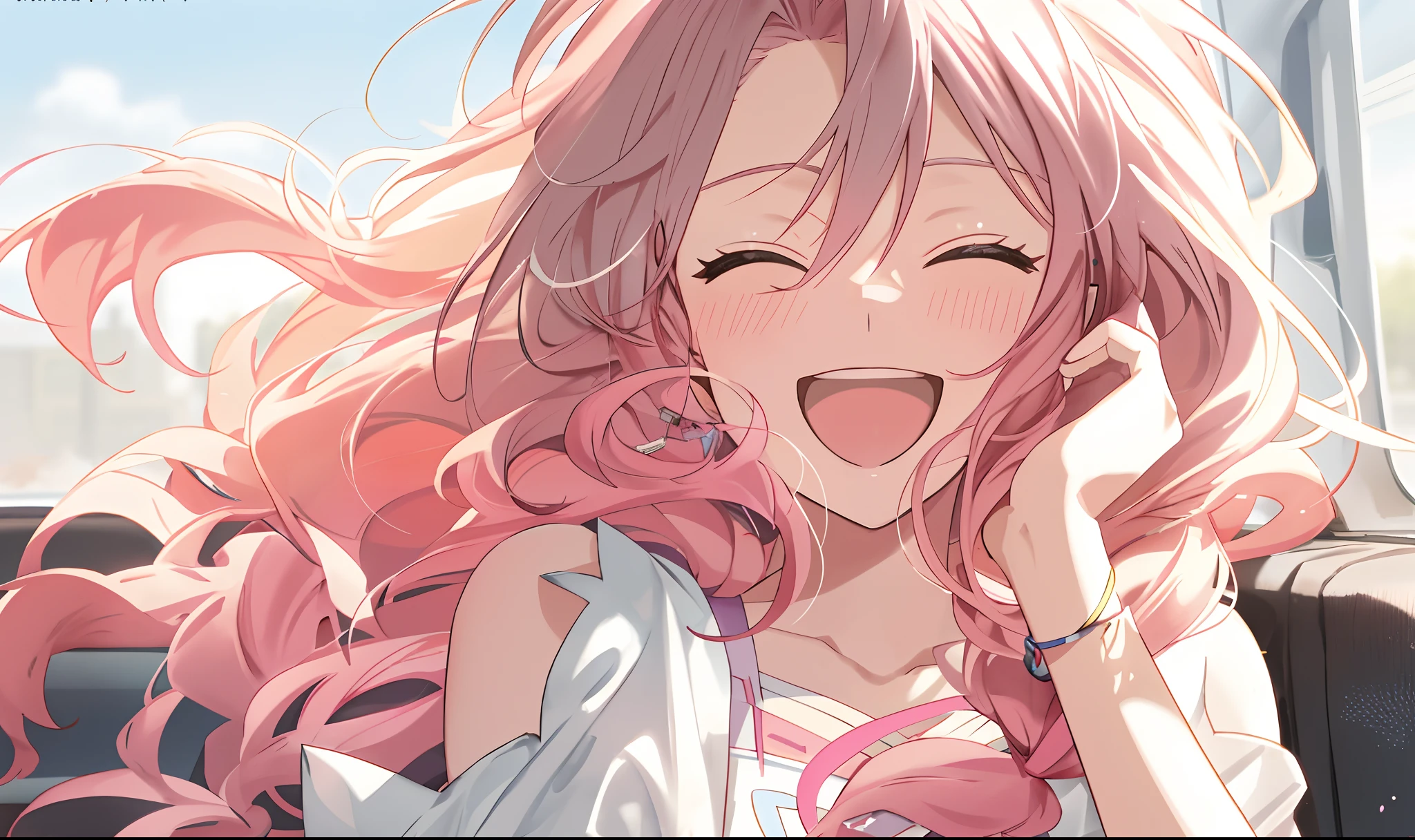 Anime girl with pink hair sitting in car talking on the phone, Best anime 4k konachan wallpaper, happy and spirited expression, Anime girl with long hair, anime visual of a cute girl, Cute anime girl, Anime art wallpaper 8 K, Anime wallpaper 4K, Anime wallpaper 4 k, Beautiful anime girl, 4K anime wallpaper