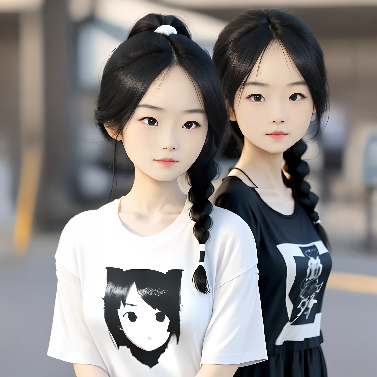 High precision，Works of masters，Loli，whaite hair，SideBraid，Black ㇏ eyes，tee shirt，flatchest，modern，Black and white silk，Natural soft light，Dingdall effect