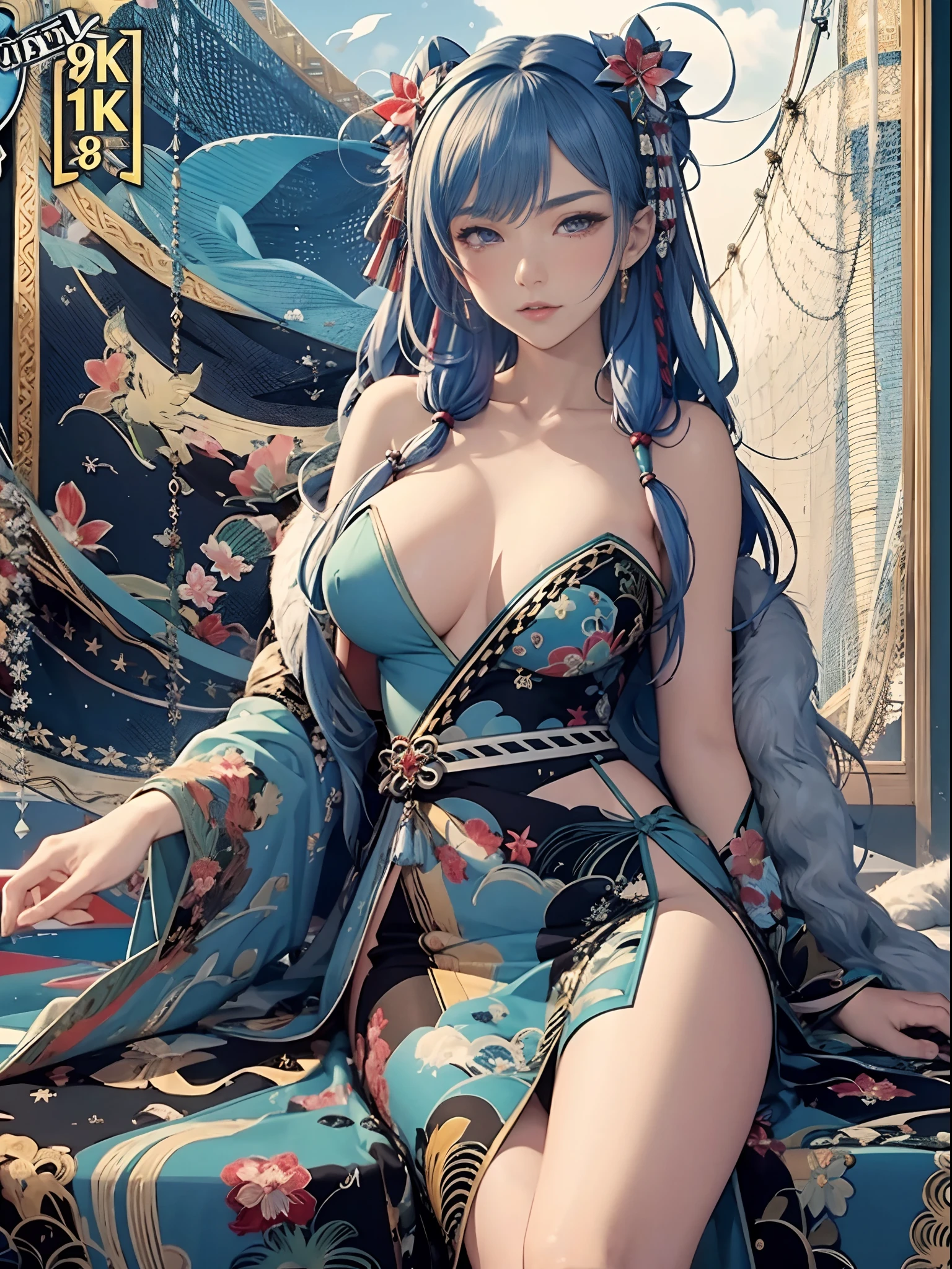 (Enrich the picture,Masterpiece level quality)Beautiful 8K CG artwork,Goddess-like posture,sittinng on the river,Postural exercises,Slim and soft,Translucent skin,Blue hair、The beauty of extra-long hair, Super Long Straight Hair,The skin is fair and juicy,Miniskirt uniform,Perspective Part 1.2x enhanced silhouette effect,Exquisite transparent blues pattern in pajamas,The details are intricate and exquisite,The background is slightly blurred,Charming and lustful leg seduction,Drool,K cup big breasts,Blush,Japan goddess,Perfect body slim curves,Scene by the sea,2 girls,2 girls kissing,