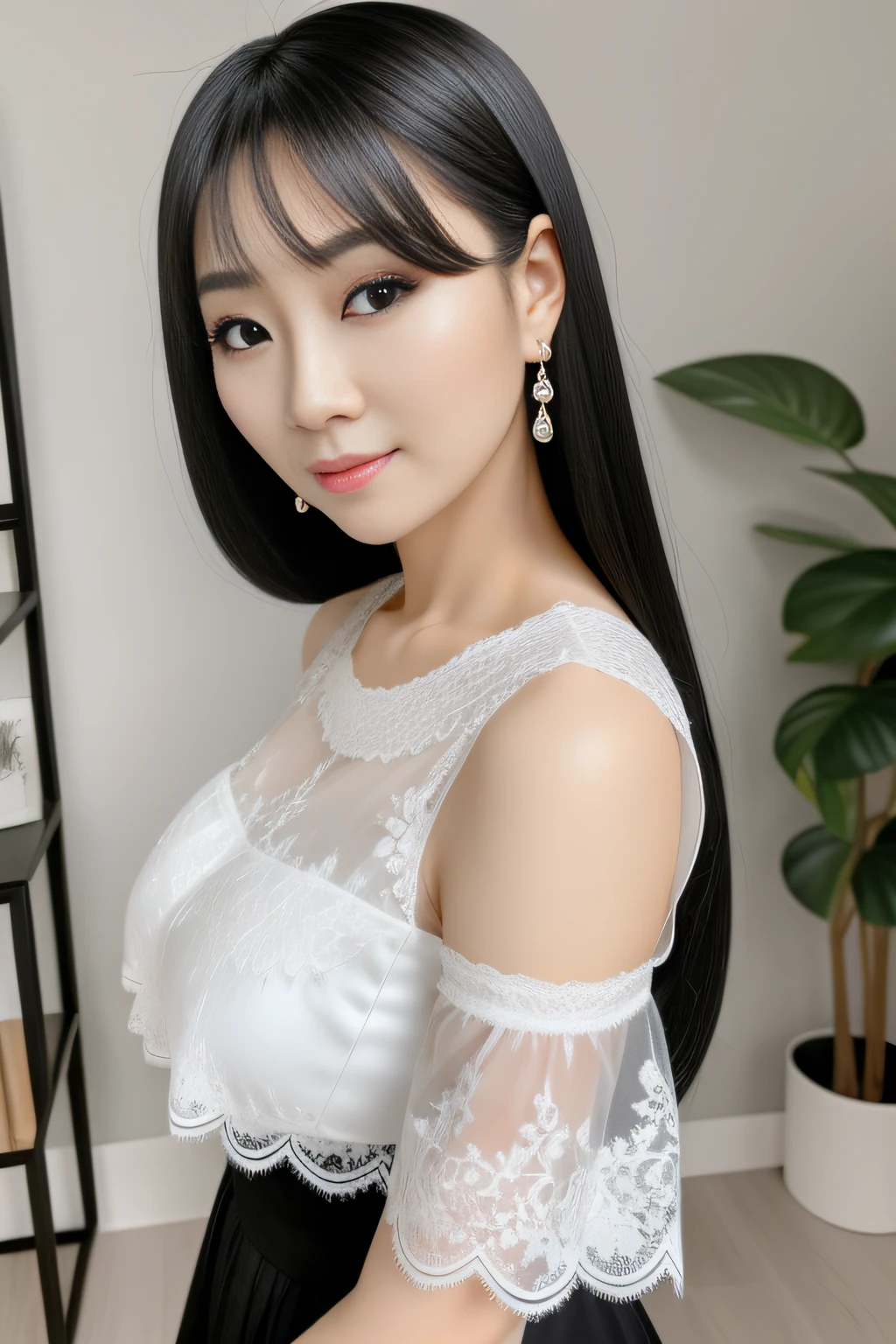 Best image quality, 35 year old all-around Asian woman wearing lace top,Black hair, Lace top-bodiced clothes, 3/4 busts,Black hair,beautiful double eyelid,Black pupils,Jet black hair, Snow-white skin, Blush, Long eyelashes