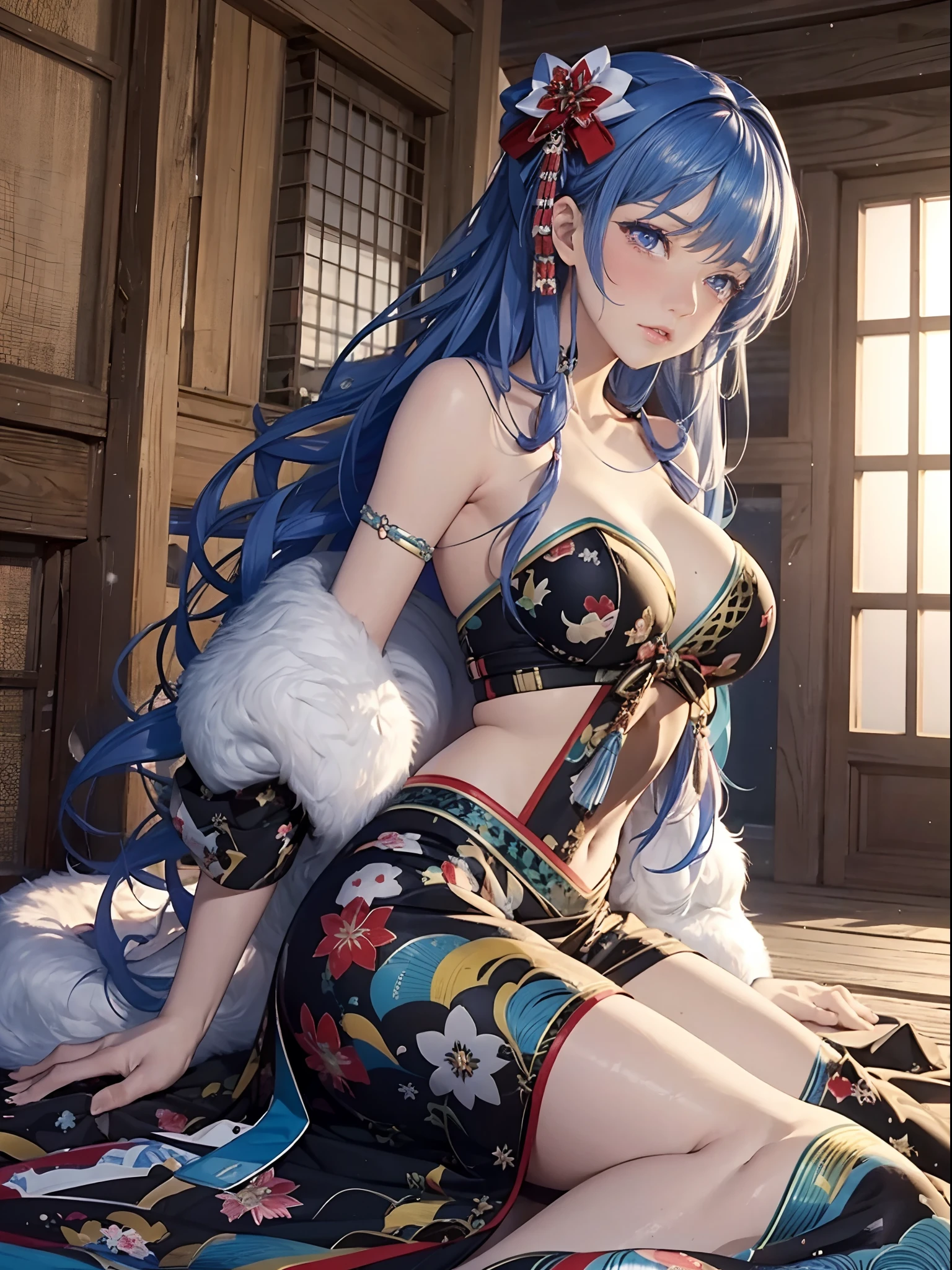 （Enrich the picture，Masterpiece level quality）Beautiful 8K CG artwork，Goddess-like posture，sittinng on the river，Postural exercises，Slim and soft，Translucent skin，Blue hair、The beauty of extra-long hair, Super Long Straight Hair，The skin is fair and juicy，Miniskirt uniform，Perspective Part 1.2x enhanced silhouette effect，Exquisite transparent blues pattern in pajamas，The details are intricate and exquisite，The background is slightly blurred，Charming and lustful leg seduction，Drool，K cup big breasts，Blush，Japan goddess，Perfect body slim curves，Scene by the sea，2 girls，2 girls kissing，