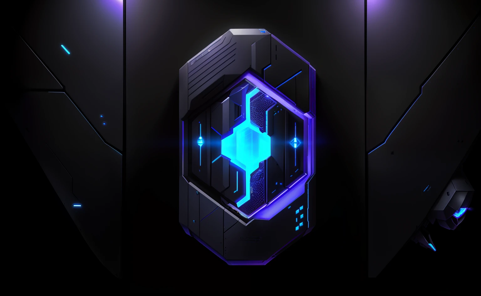 Close-up of black and blue devices on black background, nano hex armor hull, eva unit-00 in the back, va-11 hall-a, Space Hive, containment pod, shield design, concept-art | dyson, the tesseract, Dark ( Spaceship ), purple glowing core in armor, hextech, hard edges concept art
