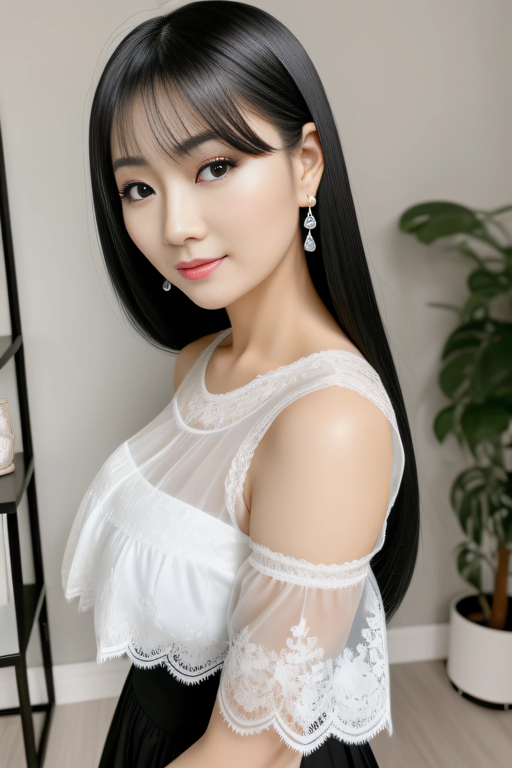 Best image quality, 35 year old all-around Asian woman wearing lace top，Black hair, Lace top-bodiced clothes, 3/4 busts，Black hair，beautiful double eyelid，Black pupils，Jet black hair, Snow-white skin， Blush, Long eyelashes