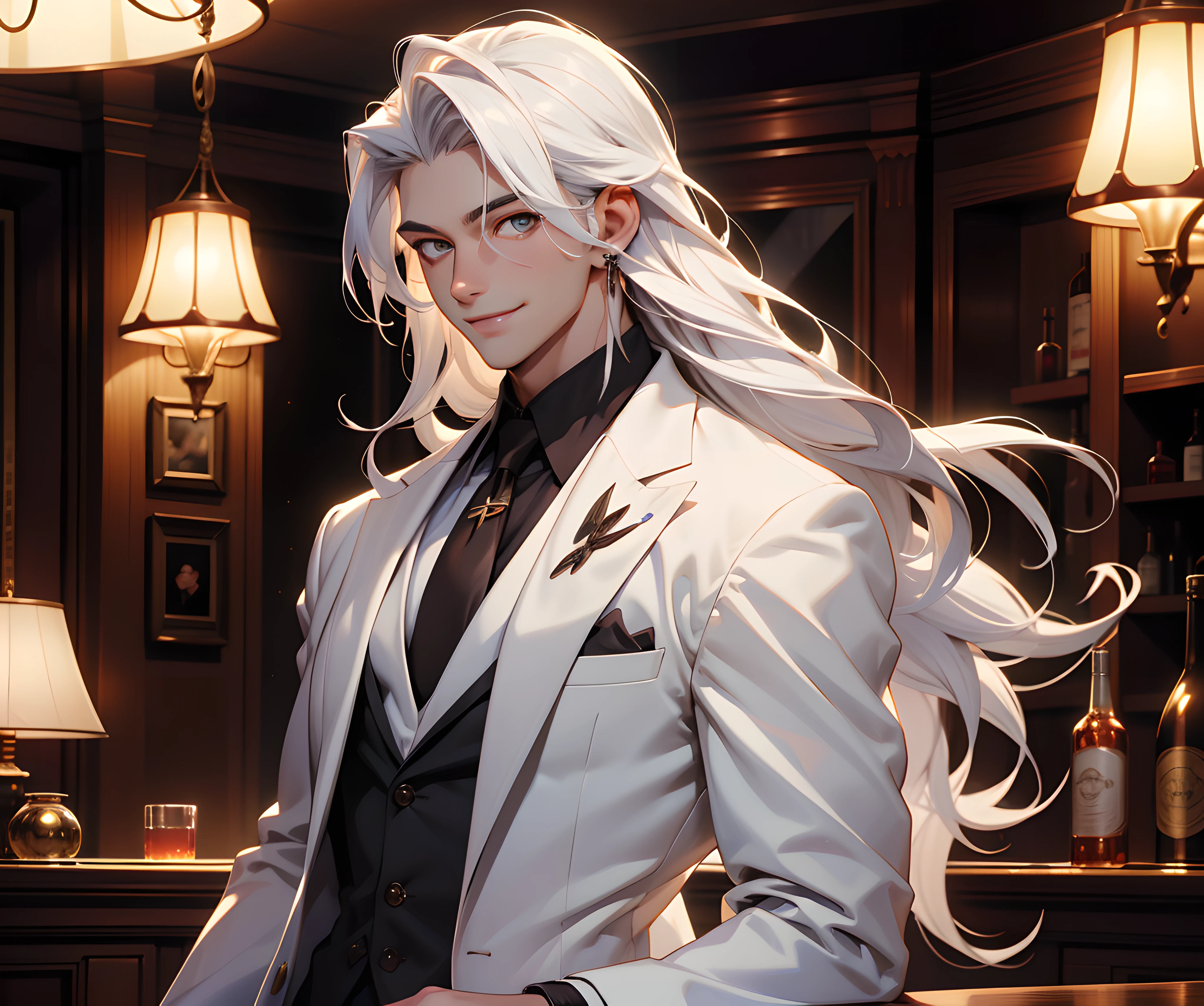 (absurdres, highres, ultra detailed), 1 male, adult, handsome, tall, long white hair, finely detailed white eyes and detailed face, white suit, smile, indoors, jazz club, studio lighting, 8k resolution