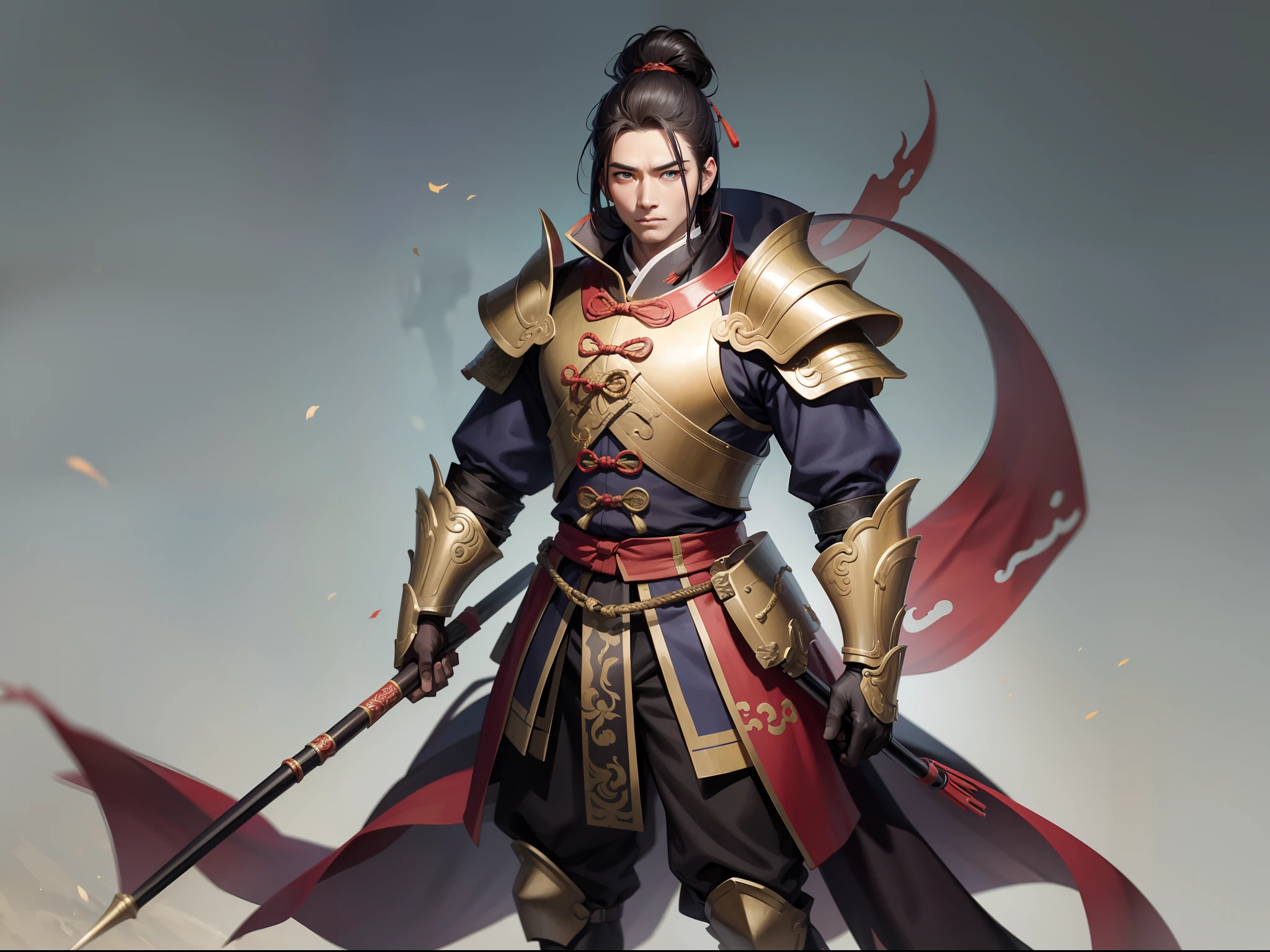 Thirty-year-old male general in ancient China,Full body armor,conservativelydressed,His face was grim,Holding a five-foot spear。Beautifully painted full body。