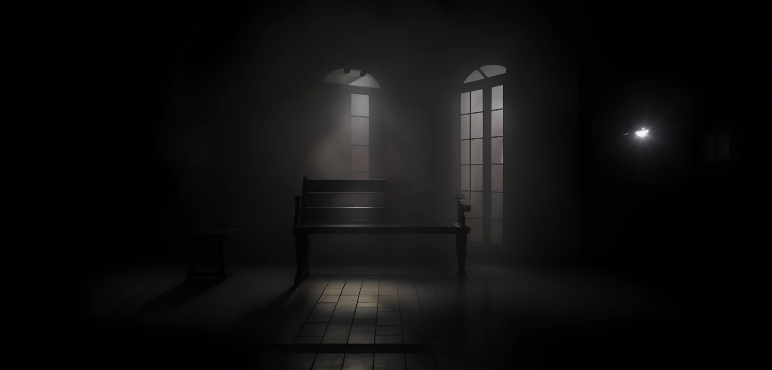 There is a dark room with a bench and a window, quarto escuro e nebuloso, dramatic lighting render, sala cheia de sombra com sombrio, Sala de Pressentimento, quarto misterioso, room with eerie feeling, quarto escuro, sala com pouca luz, Quarto nevoeiro, atmospheric render, cena escura com luz fraca, dramatic lighting. arte conceitual, volumetric lighting and fog
