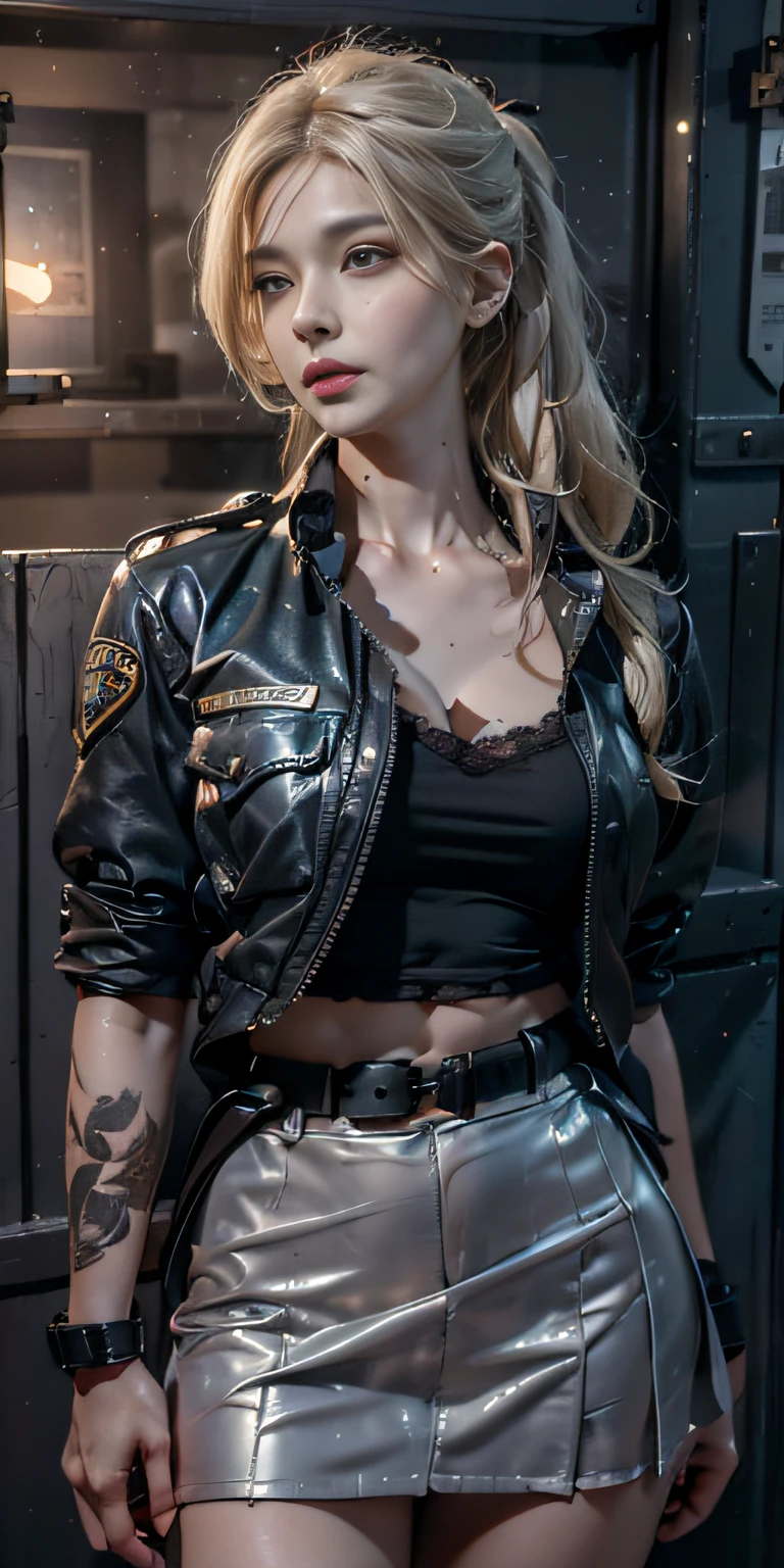 Photorealistic, high resolution, Soft light,1womanl, Solo, Hips up,Night City, (Detailed face),tattoo,ink，Police badge，Police badge，Open navel，Lace pleated skirt， jewelry, Police uniform,coiffed blonde hair