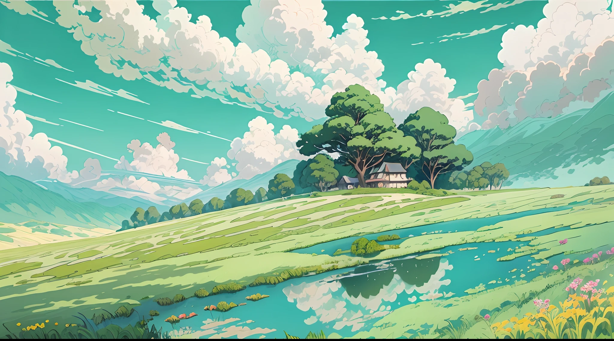 Realistic, authentic, beautiful and amazing landscape oil painting Studio Ghibli Hayao Miyazaki&#39;s petal grassland with blue sky and white clouds --v6